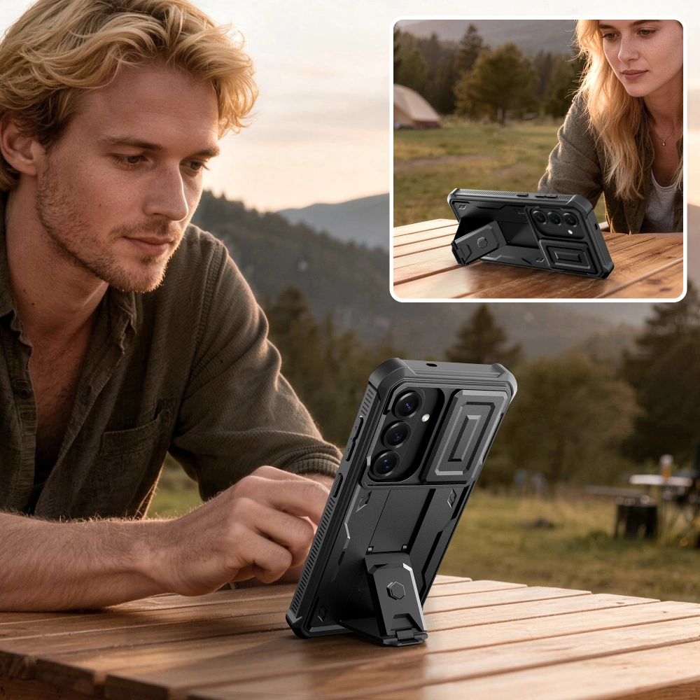 Etui Tech-Protect Kevlar Cam+ do Galaxy S26 ustawione na podstawce podczas korzystania przy stole