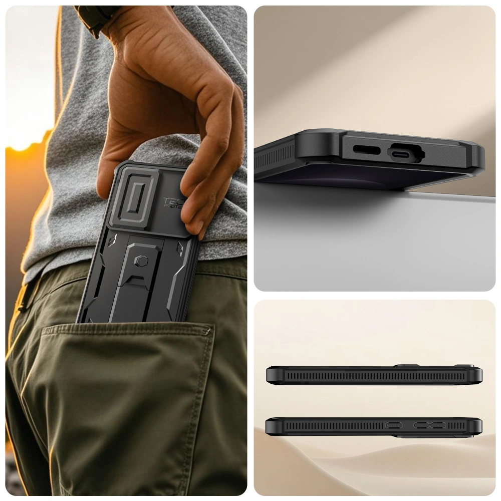 Etui Tech-Protect Kevlar Cam+ do Galaxy S26 z widocznymi portami, przyciskami i profilem obudowy