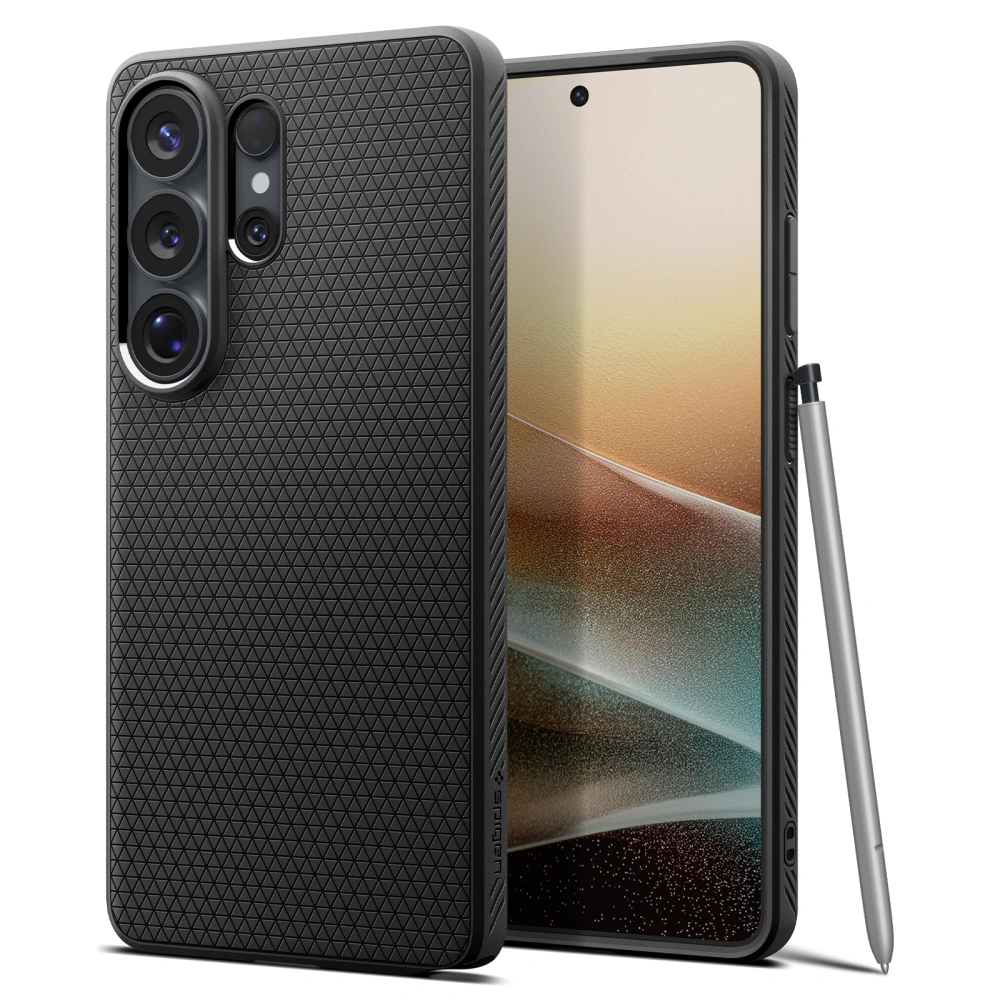 Etui Spigen Liquid Air do Samsung Galaxy S26 Ultra w kolorze czarnym pokazane obok telefonu z ekranem