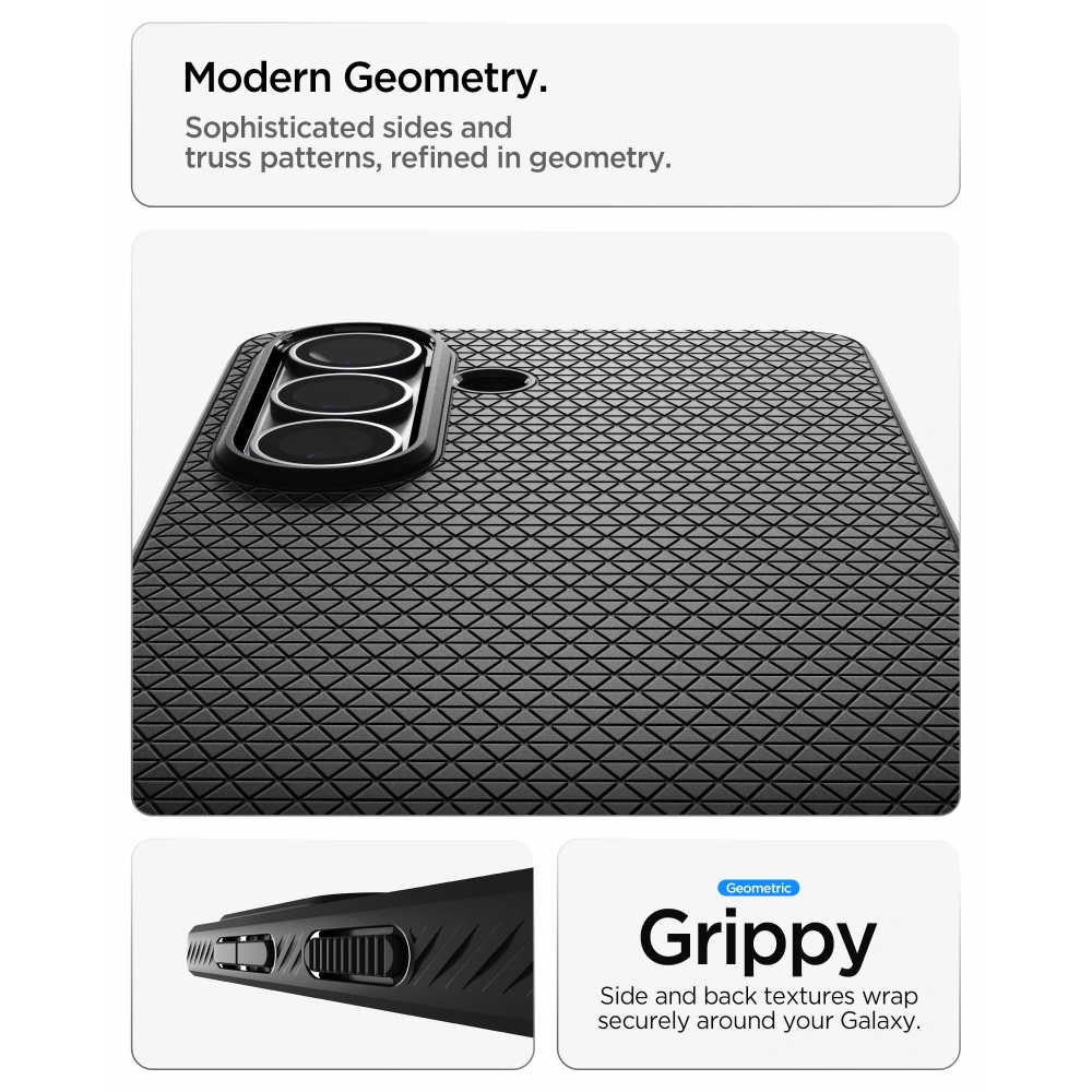Grafika pokazująca geometryczną teksturę czarnego etui Spigen Liquid Air do Samsung Galaxy S26