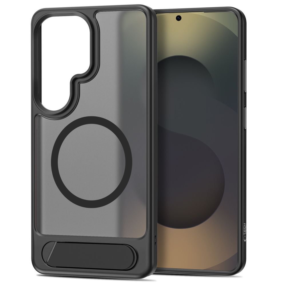 Czarne matowe etui Tech-Protect MagRack MagSafe pokazane z przodu i z tyłu przy telefonie Samsung Galaxy S26 Ultra