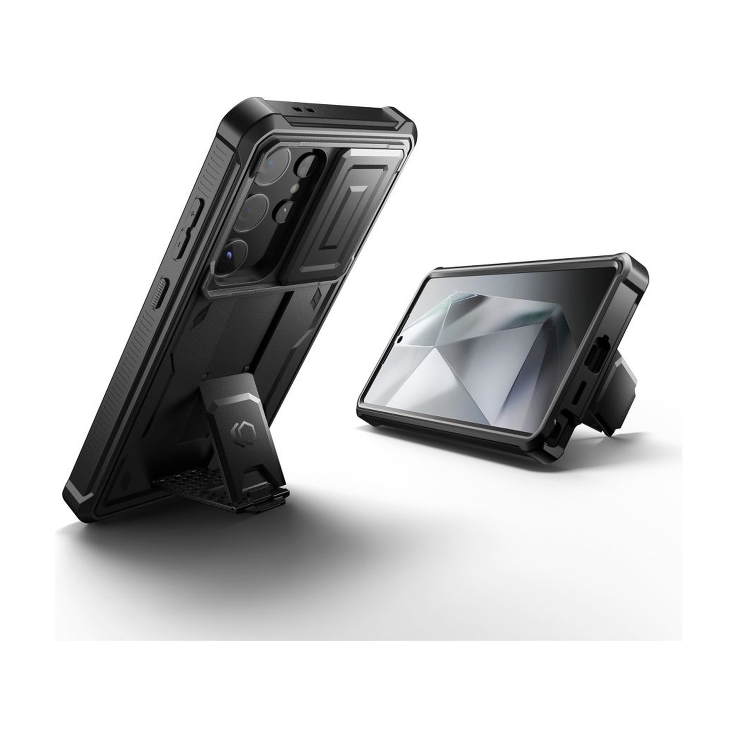 Etui Kevlar Cam+ na Galaxy S24 Ultra — tył z przesuwną osłoną aparatu i telefon oparty na podstawce