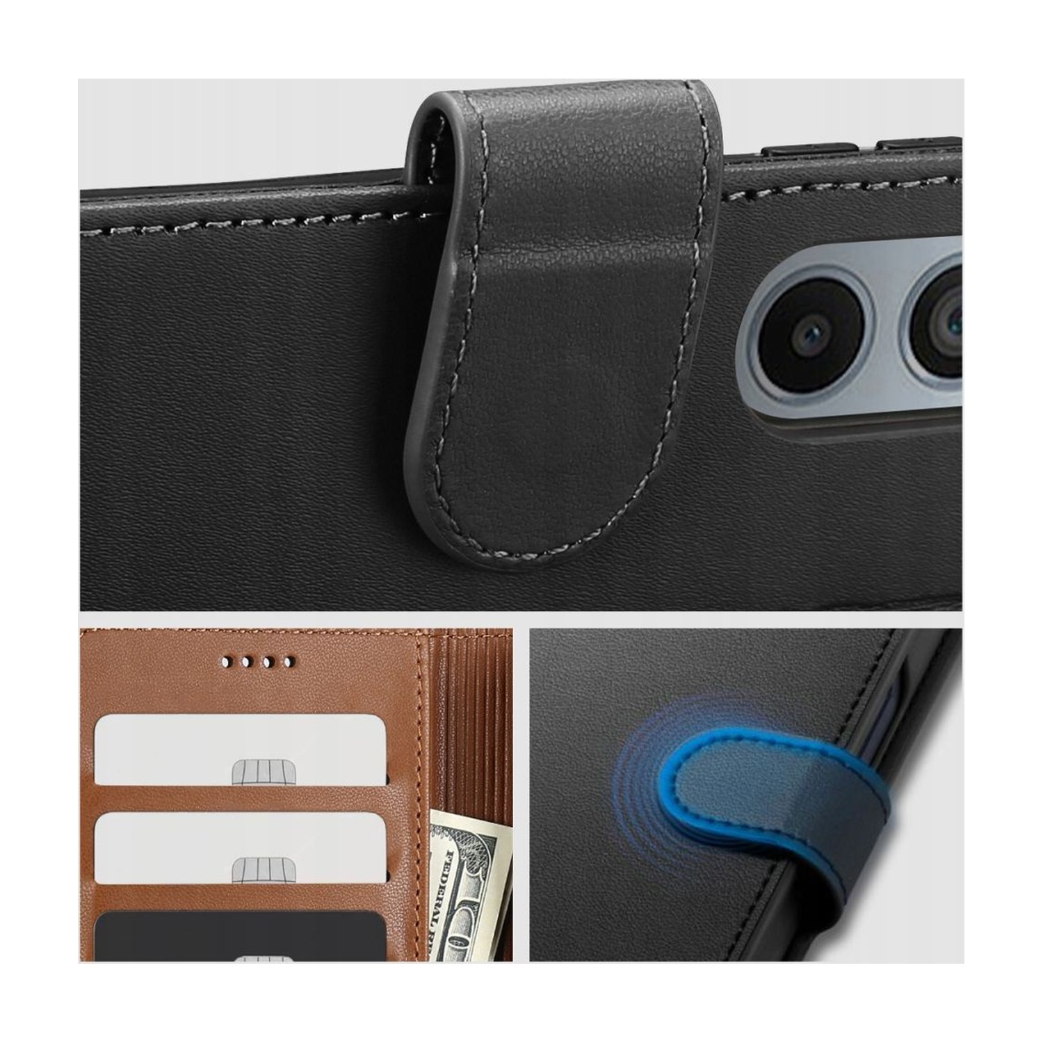 Magnetyczne zapięcie i wycięcia etui Tech-Protect Wallet z bliska (zbliżenia serii)