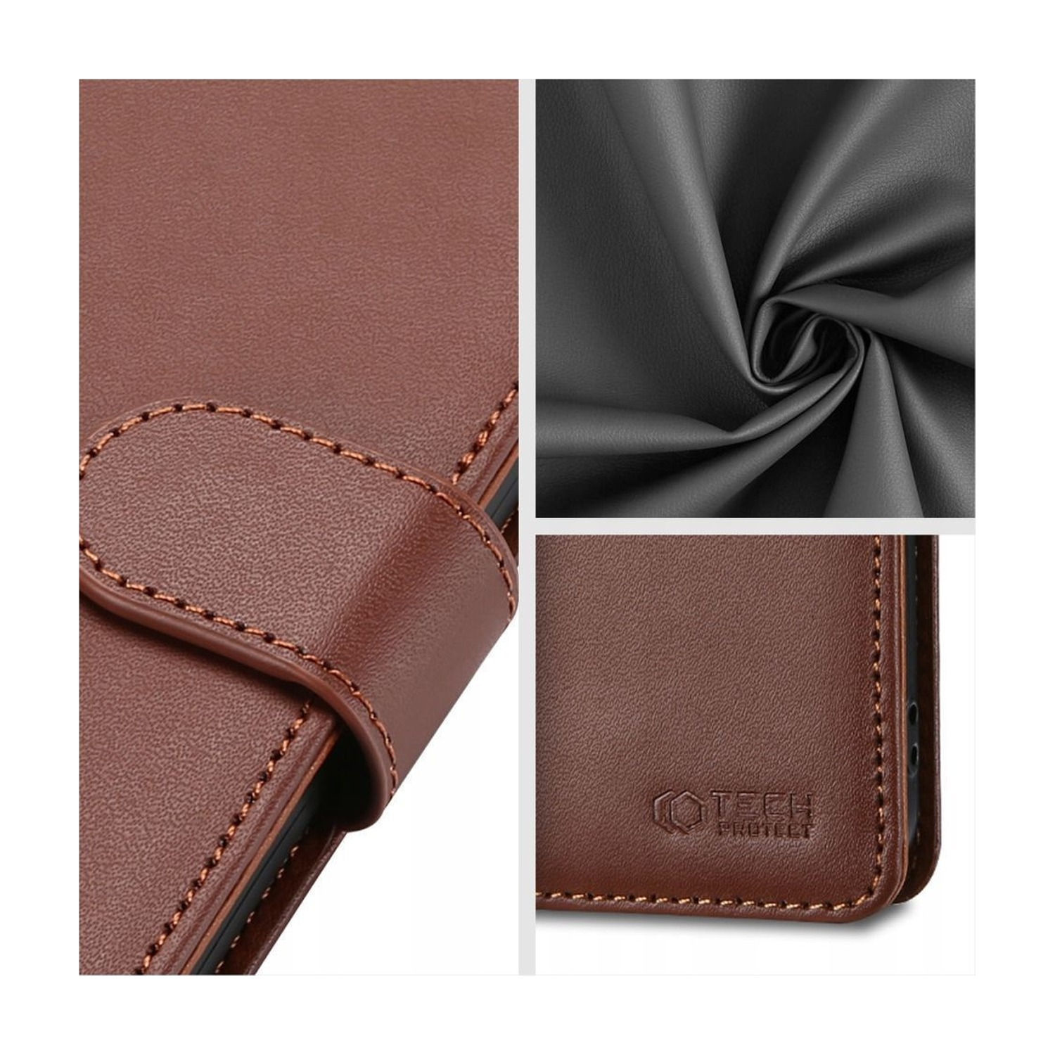 Ekoskóra i przeszycia etui Tech-Protect Wallet z bliska (kadry serii, wariant brązowy)