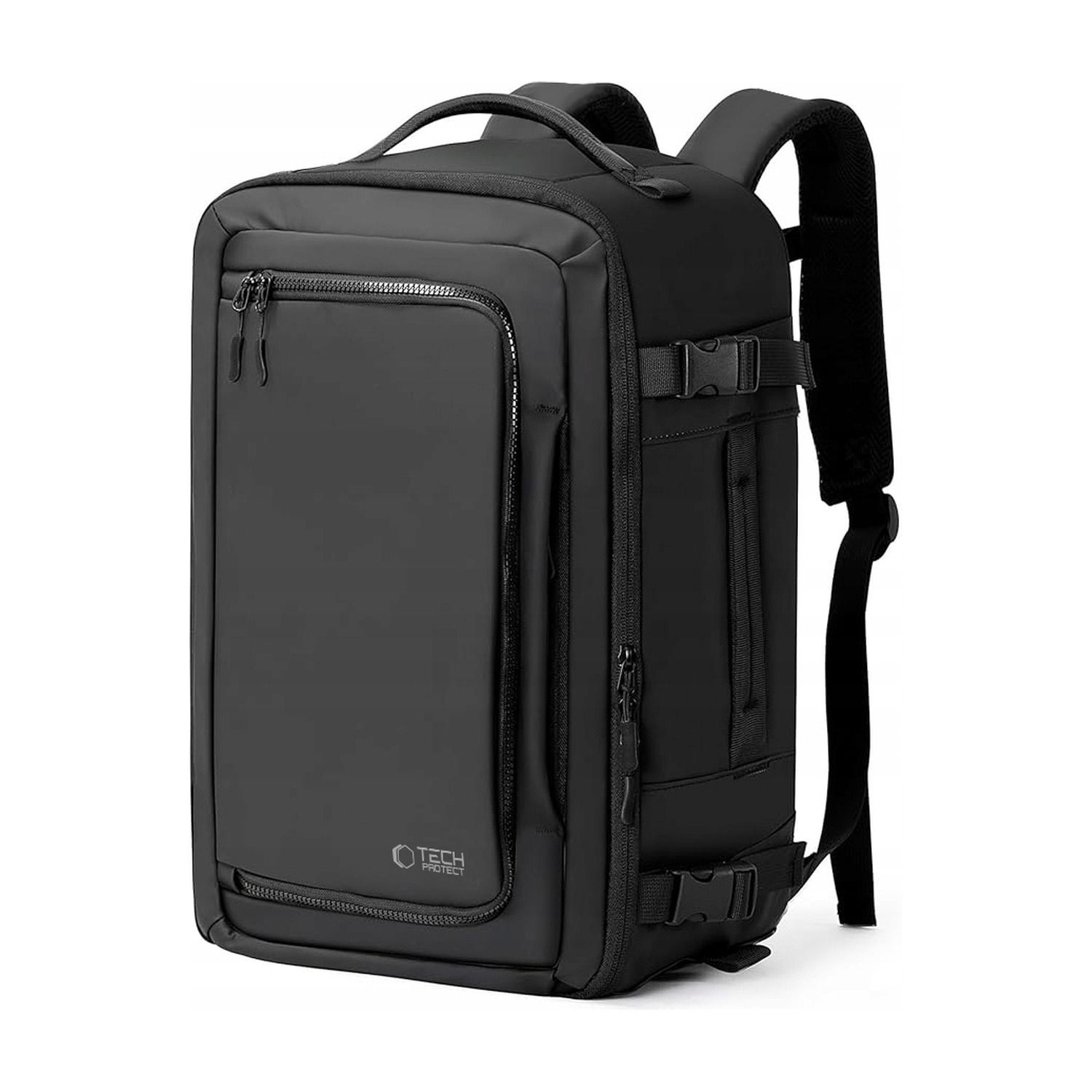 Plecak Tech-Protect Defender S50 pod kątem — przednia kieszeń na suwak i klamry