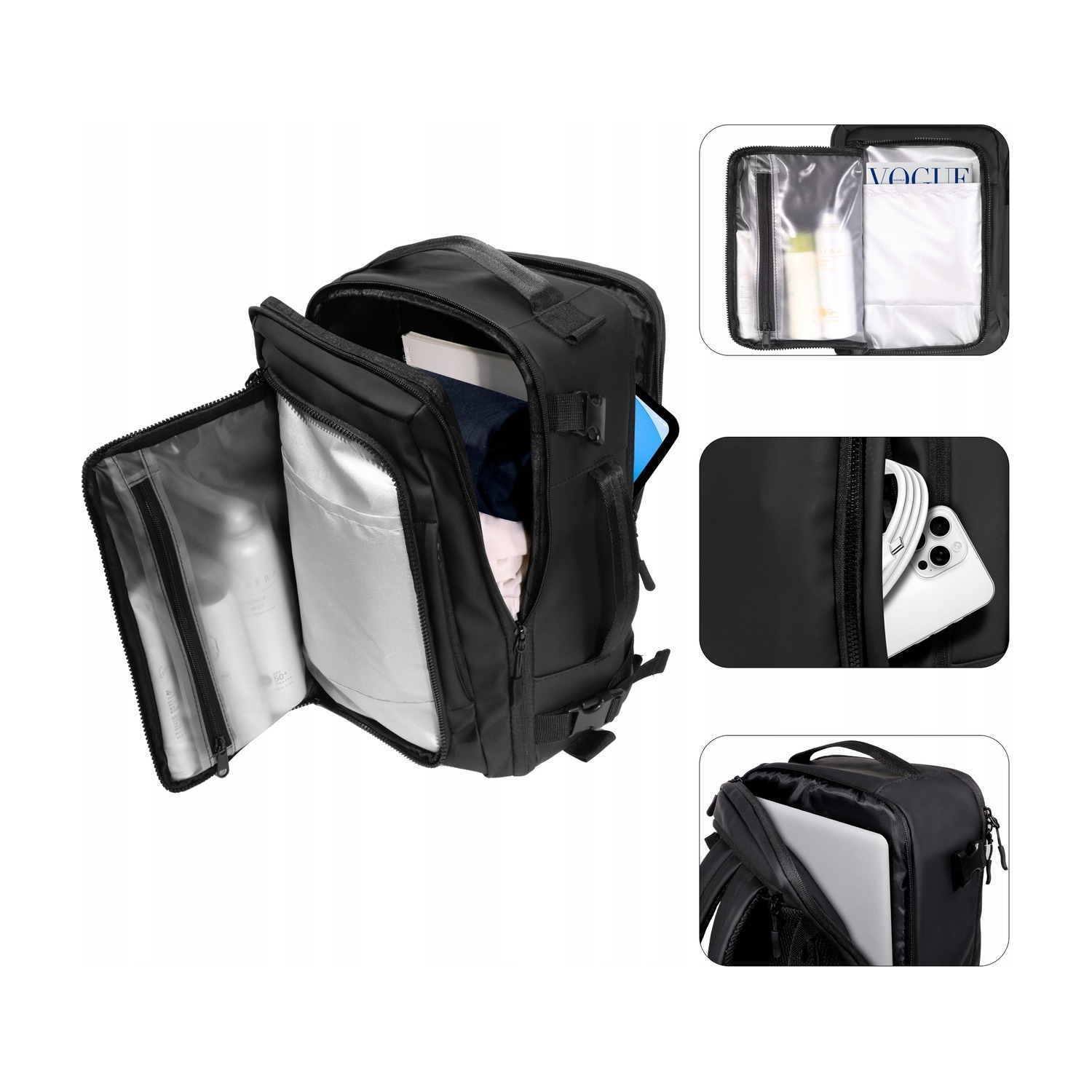 Otwarte komory plecaka Tech-Protect Defender S50 — kieszenie na kosmetyki, telefon i laptop