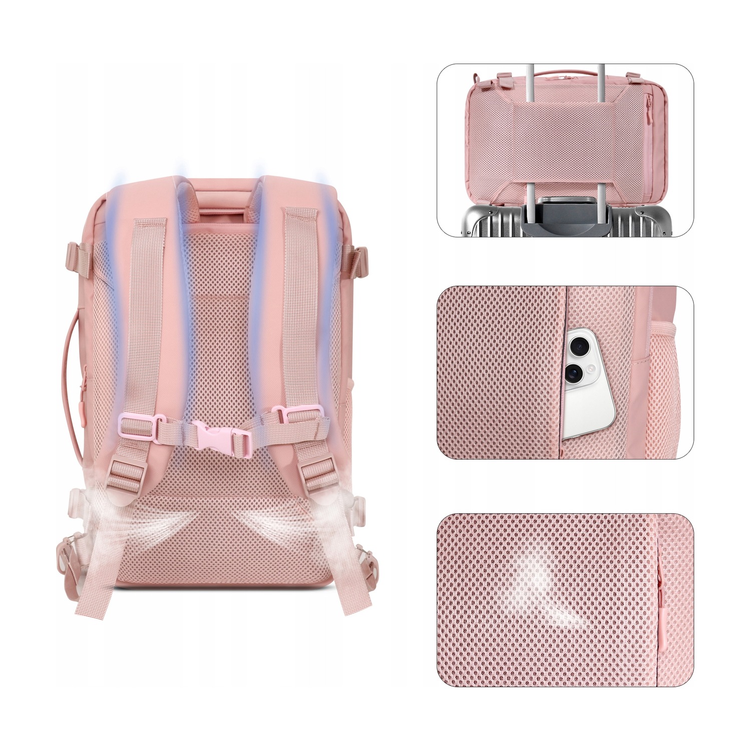 Tył różowego plecaka Tech-Protect Defender S50 — siatkowe plecy, pasek na walizkę i kieszeń antykradzieżowa