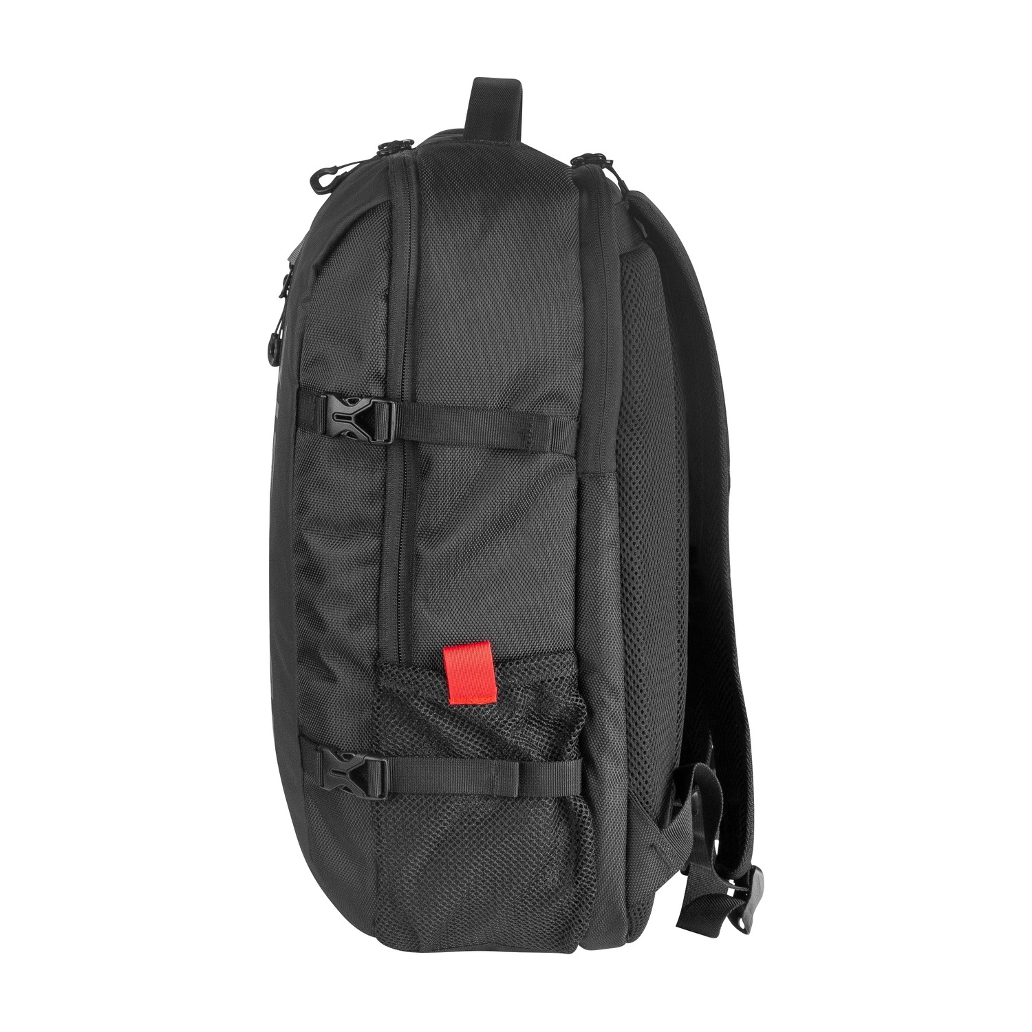 Plecak Genesis Pallad 410 z boku — pionowa kieszeń na suwak i siatkowa kieszeń na napój