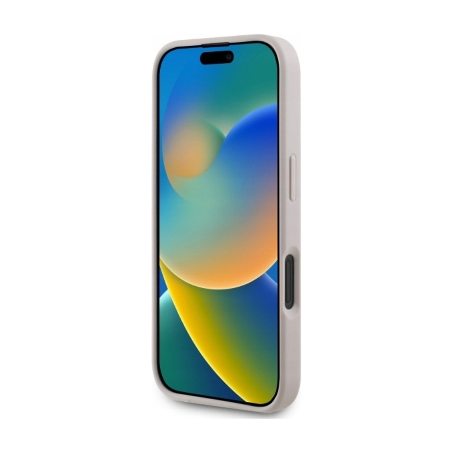 Etui Guess na iPhone 16 od frontu — różowa ramka etui wokół ekranu