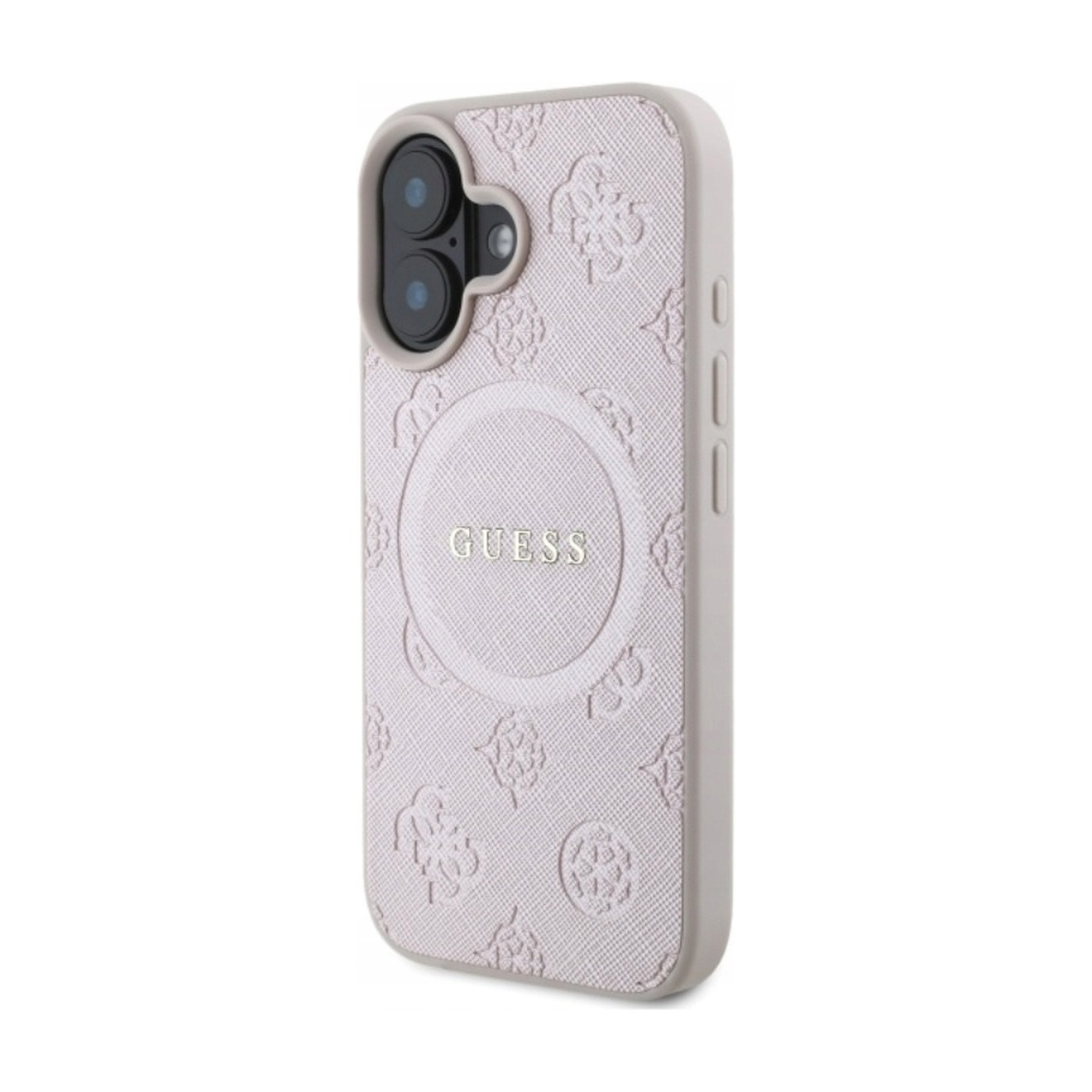 Etui Guess Saffiano Peony na iPhone 16 pod kątem — ramka wokół aparatów i osłonięte przyciski głośności