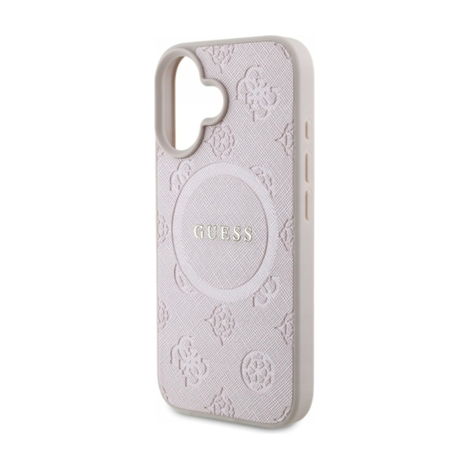 Pusta obudowa etui Guess Saffiano Peony do iPhone 16 — wycięcie na pionowy układ dwóch aparatów