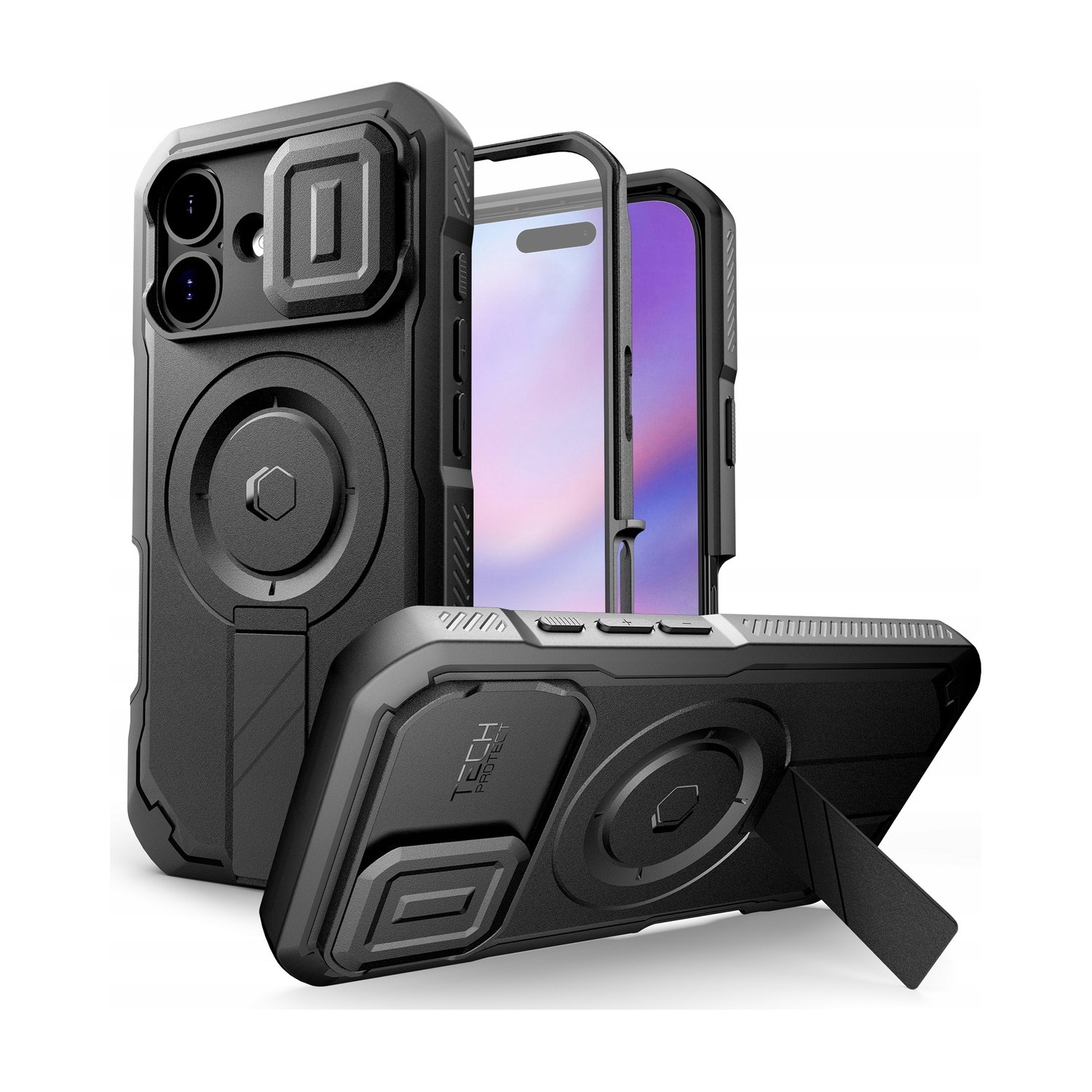 Etui pancerne Tech-Protect Kevlar MagSafe do iPhone 17, czarne — tył z osłoną aparatów, ramka frontowa i podstawka