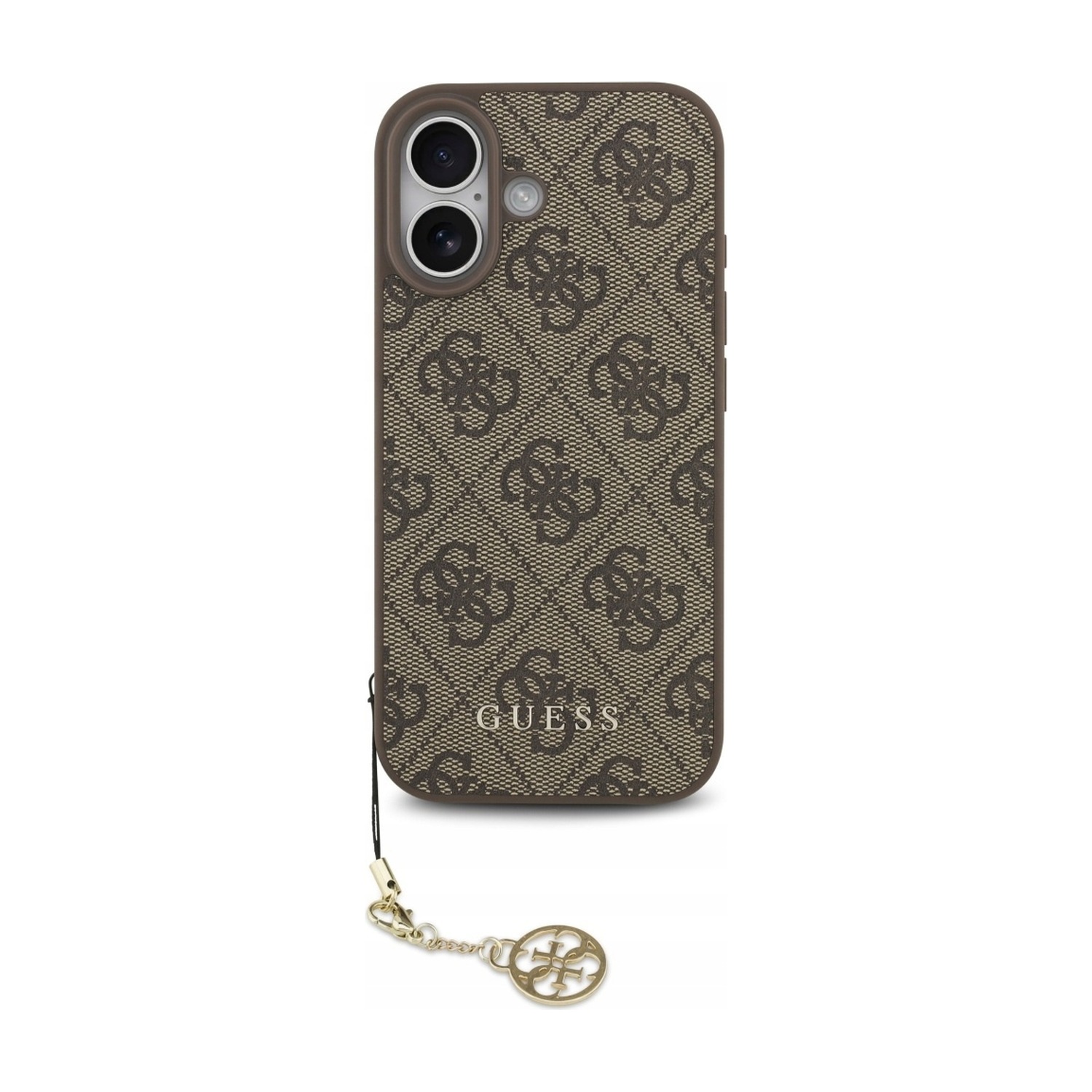 Etui MagSafe Guess 4G Charms Collection do iPhone 17, brązowe — tył ze wzorem 4G, złotym logo i zawieszką