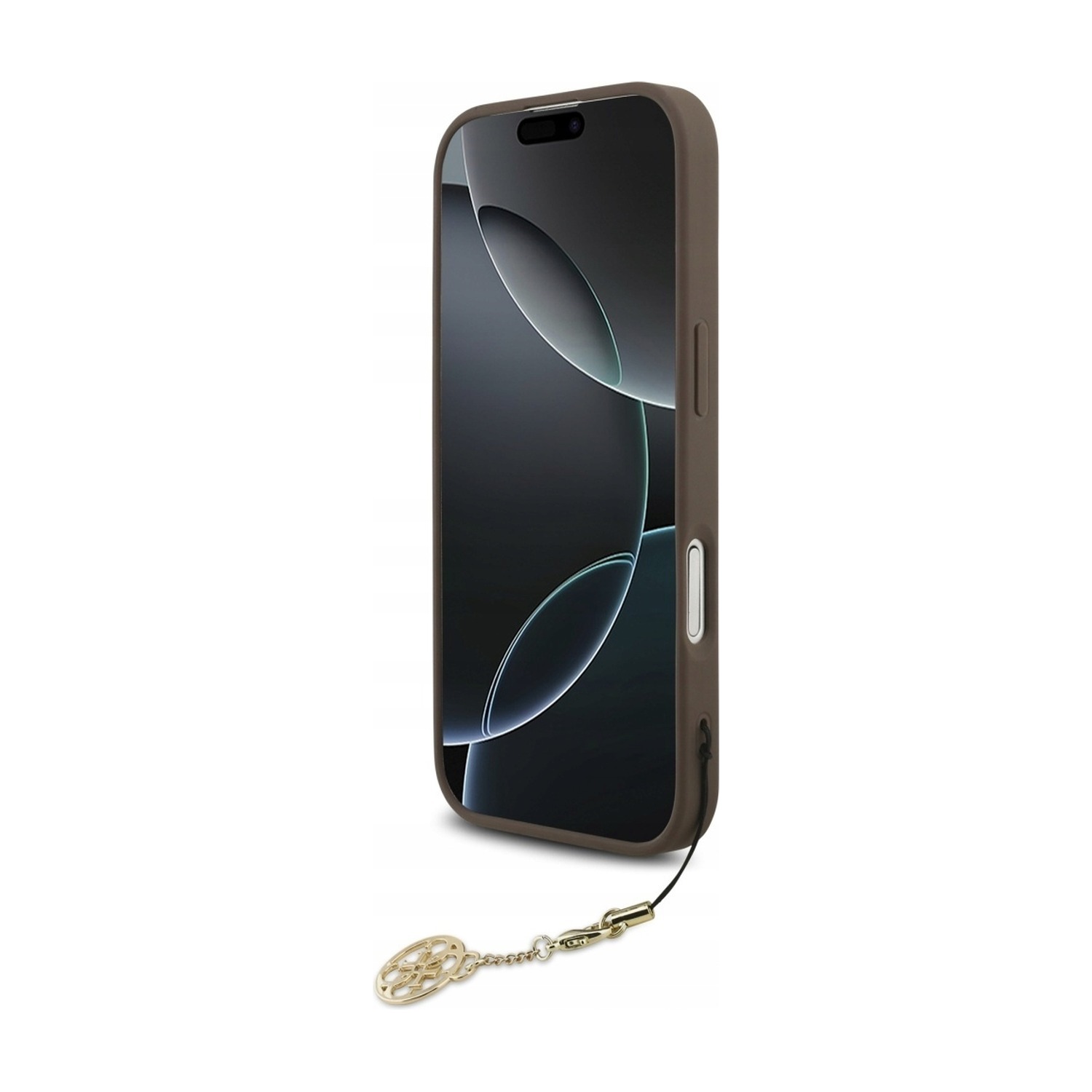 Etui Guess 4G Charms na iPhone 17 od frontu — brązowa ramka wokół ekranu i zawieszka 4G przy dolnym rogu