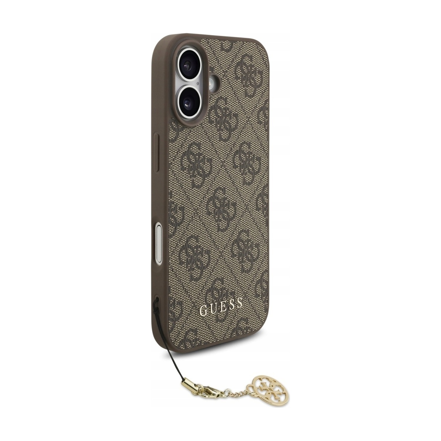Etui Guess 4G Charms do iPhone 17 od strony przycisku bocznego — zawieszka zaczepiona przy dolnej krawędzi