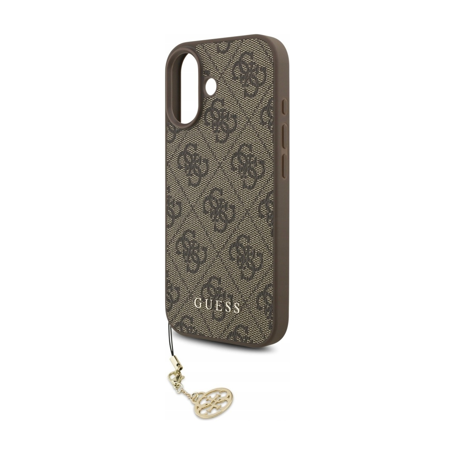 Puste etui Guess 4G Charms do iPhone 17 — otwór na aparaty, wzór 4G na ekoskórze i złota zawieszka
