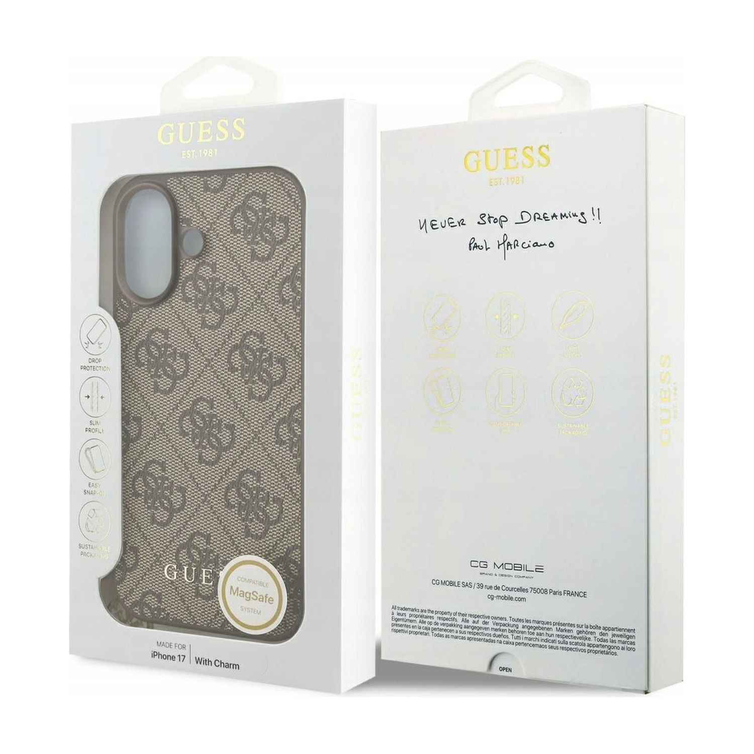 Pudełko etui Guess 4G Charms Collection do iPhone 17 z napisem „iPhone 17 | With Charm” i naklejką MagSafe