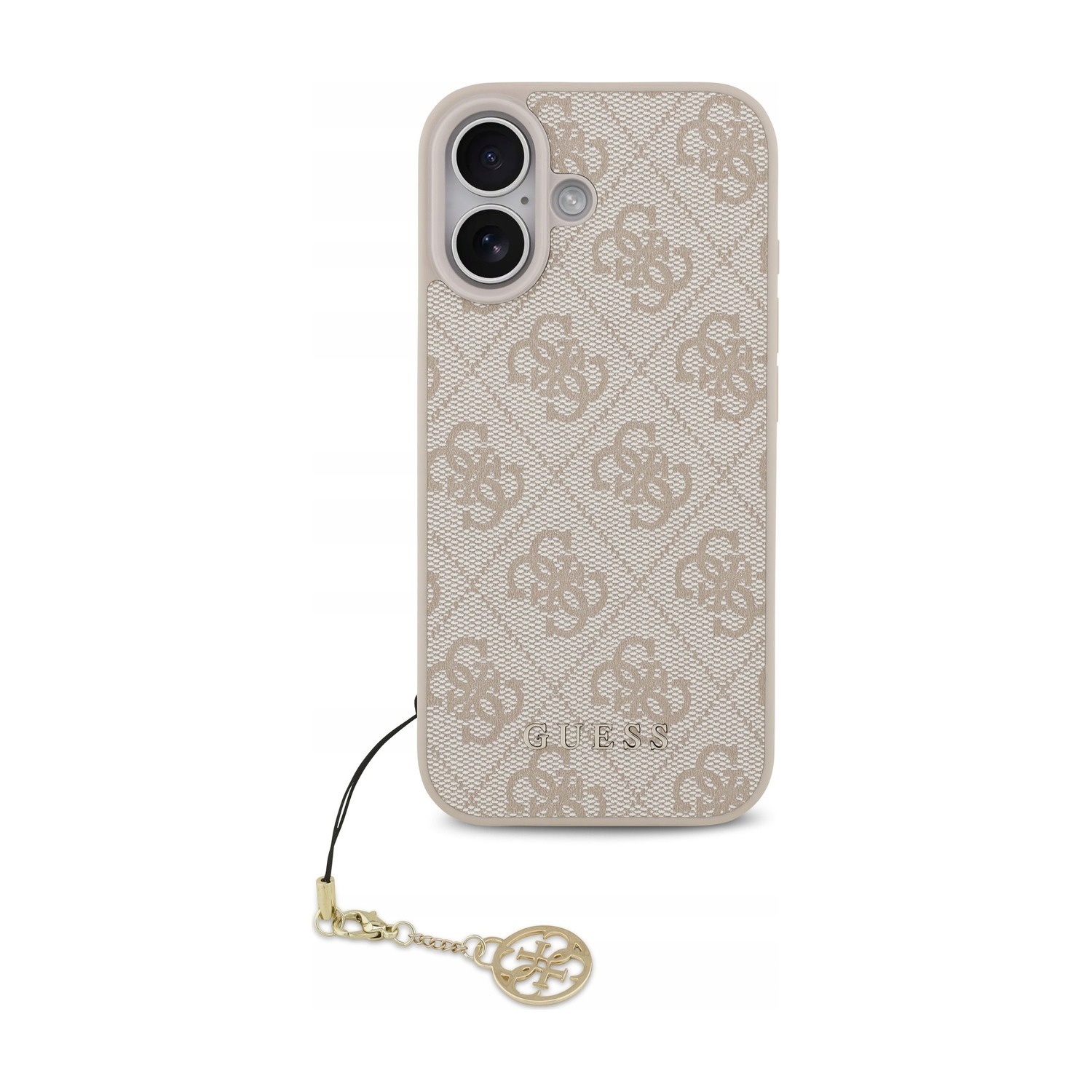 Etui MagSafe Guess 4G Charms Collection do iPhone 17, różowe — tył ze wzorem 4G, złotym logo i zawieszką