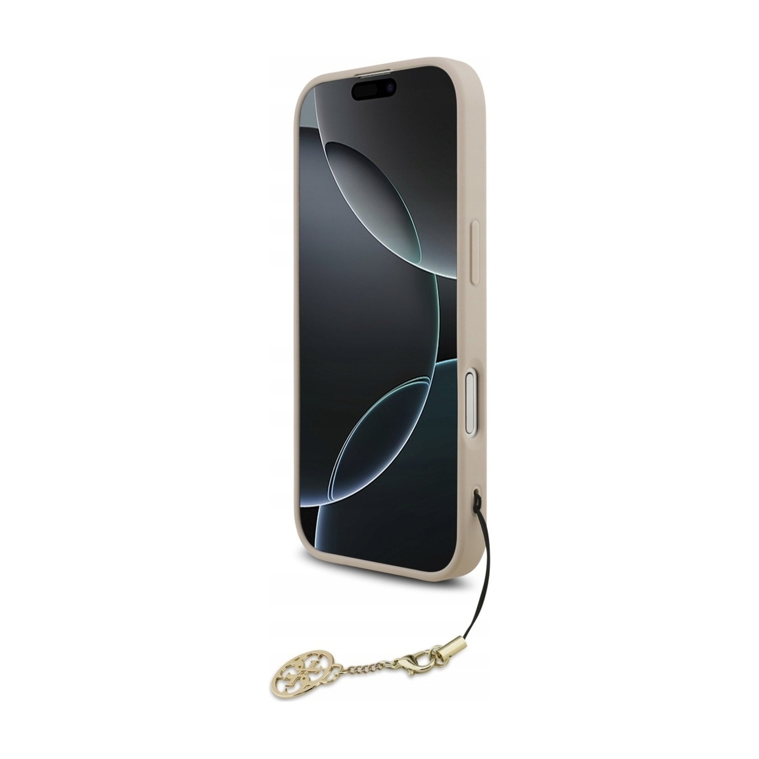 Etui Guess 4G Charms na iPhone 17 od frontu — różowa ramka wokół ekranu i zawieszka 4G przy dolnym rogu