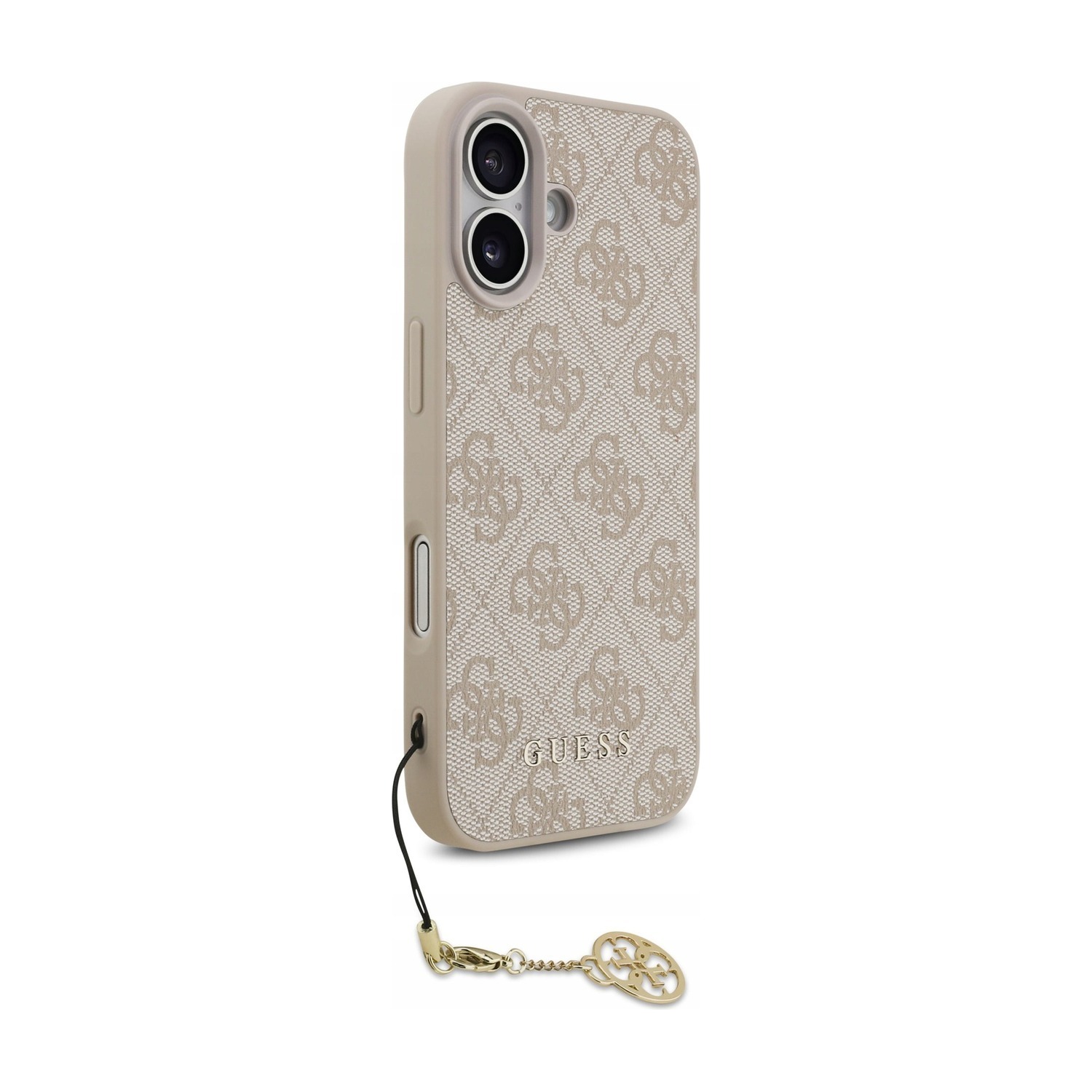 Etui Guess 4G Charms do iPhone 17 od strony przycisku bocznego — zawieszka zaczepiona przy dolnej krawędzi