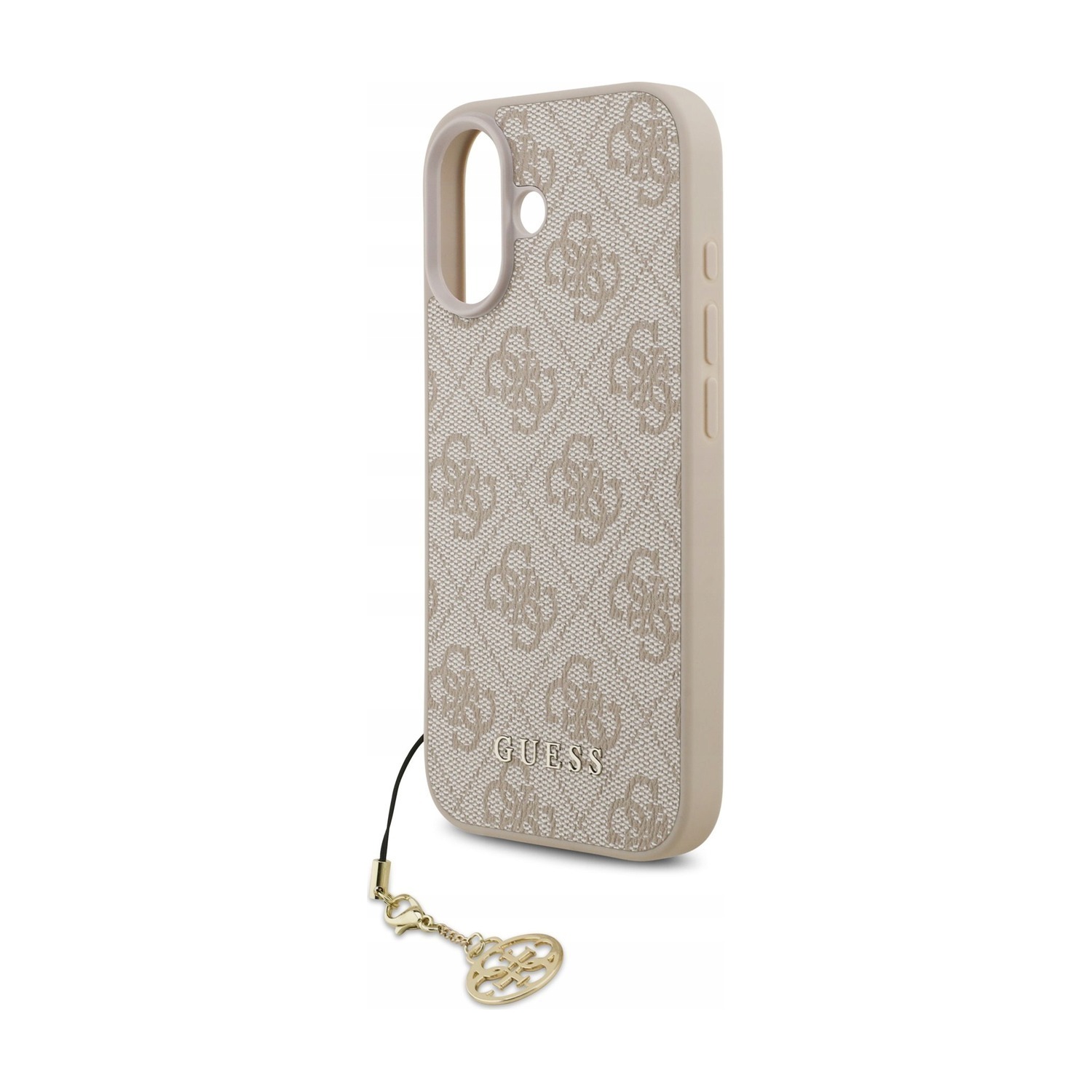 Puste etui Guess 4G Charms do iPhone 17 — otwór na aparaty, różowy wzór 4G i złota zawieszka