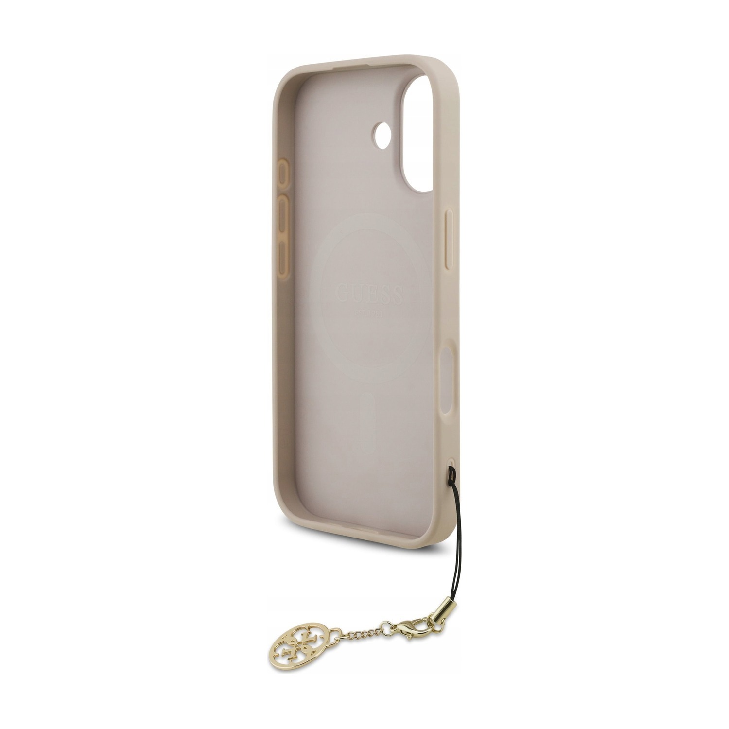 Wnętrze etui Guess 4G Charms do iPhone 17 — pierścień MagSafe i różowe wnętrze z zawieszką przy krawędzi