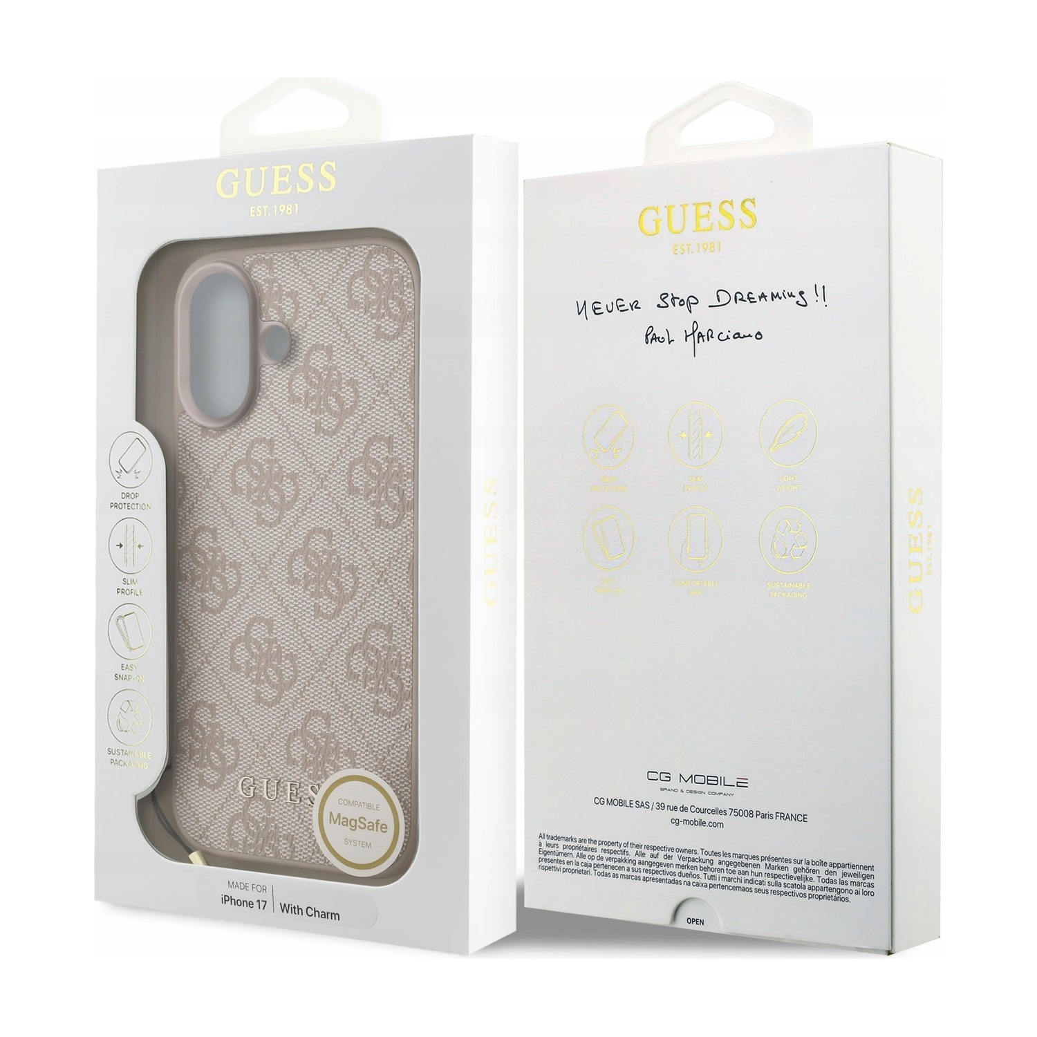 Pudełko etui Guess 4G Charms Collection do iPhone 17 z napisem „iPhone 17 | With Charm” i naklejką MagSafe