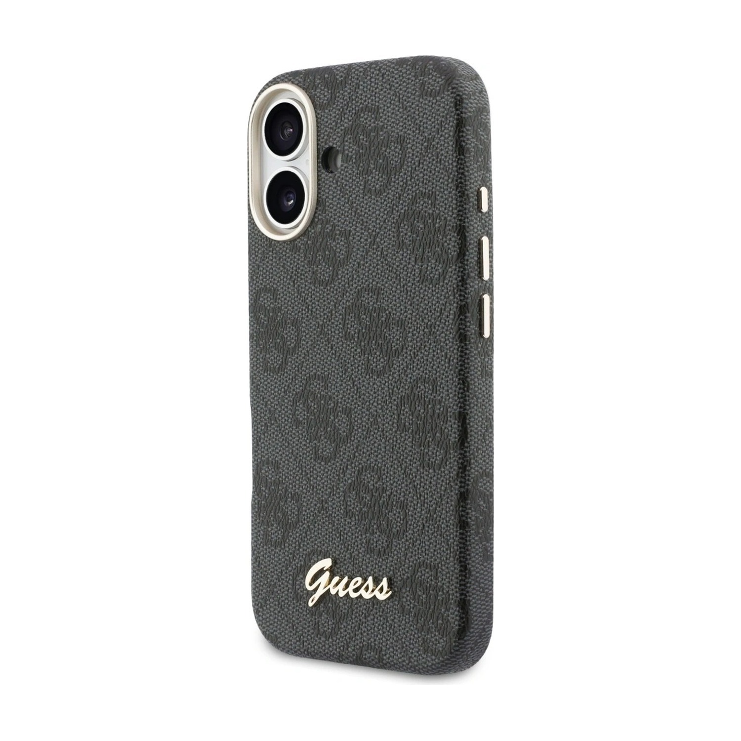 Etui MagSafe Guess 4G Script do iPhone 17, czarne — tył ze wzorem 4G i złotym logo Guess pisanym kursywą