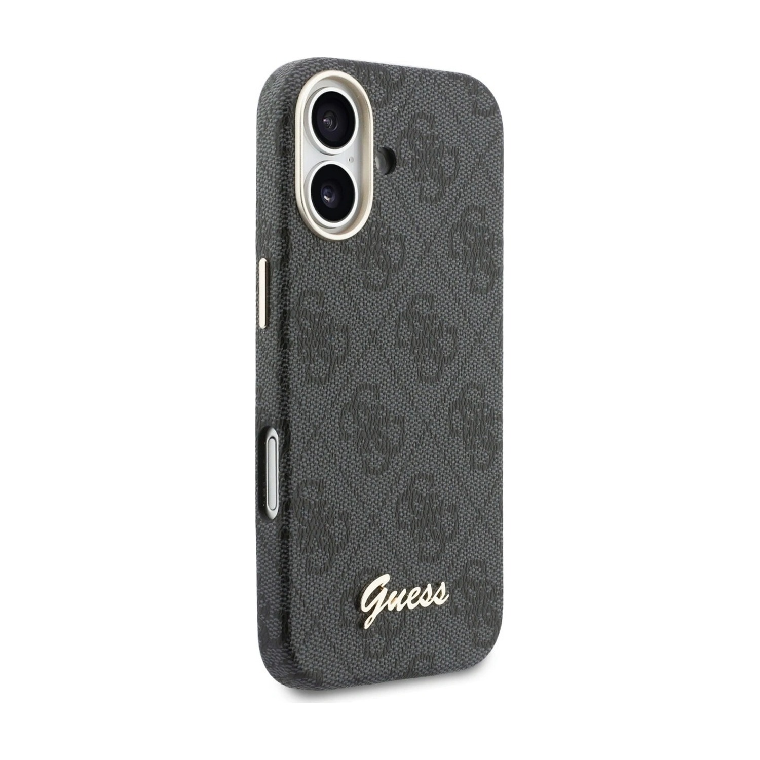 Etui Guess 4G Script do iPhone 17 pod kątem — złota ramka aparatu i przycisk boczny w kolorze złotym