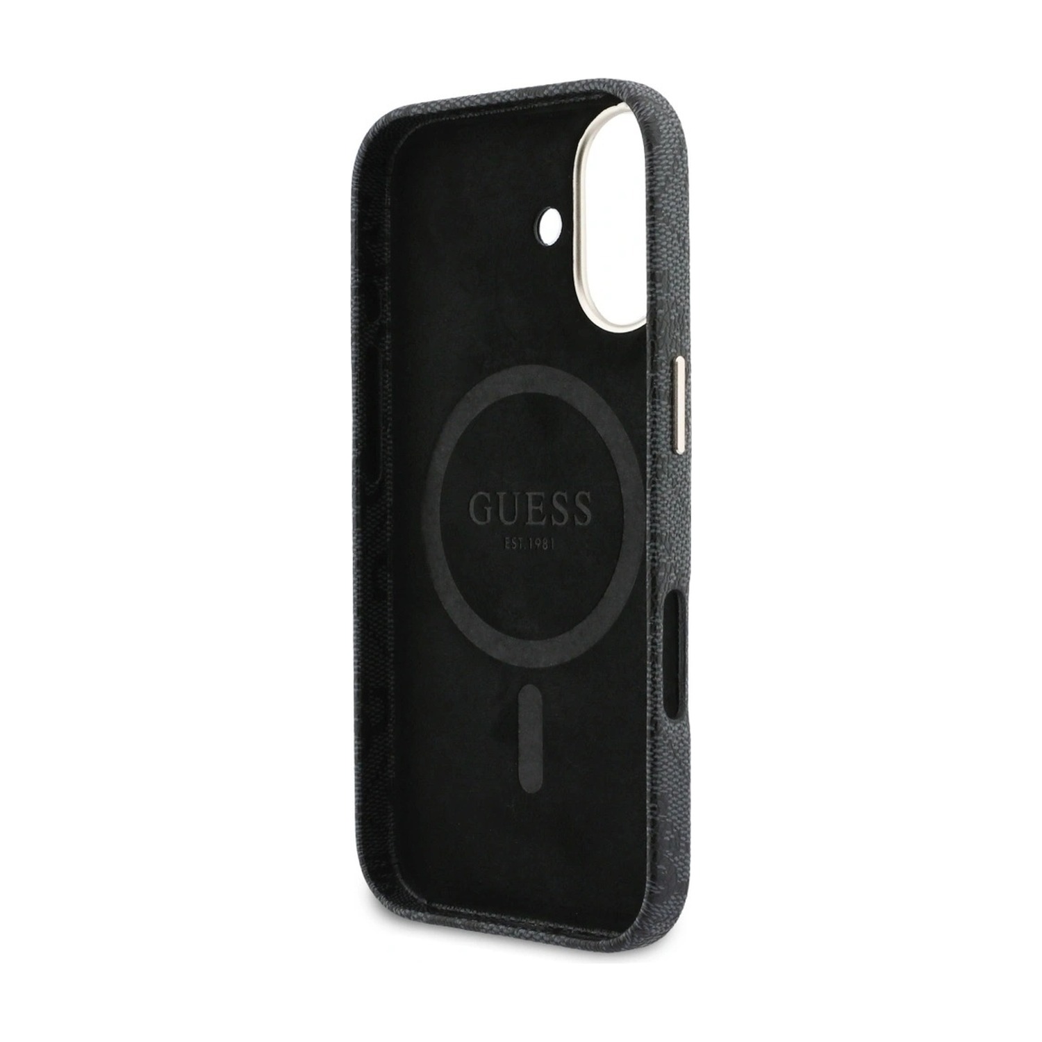 Wnętrze etui Guess 4G Script do iPhone 17 — pierścień MagSafe z logo GUESS i czarne wnętrze
