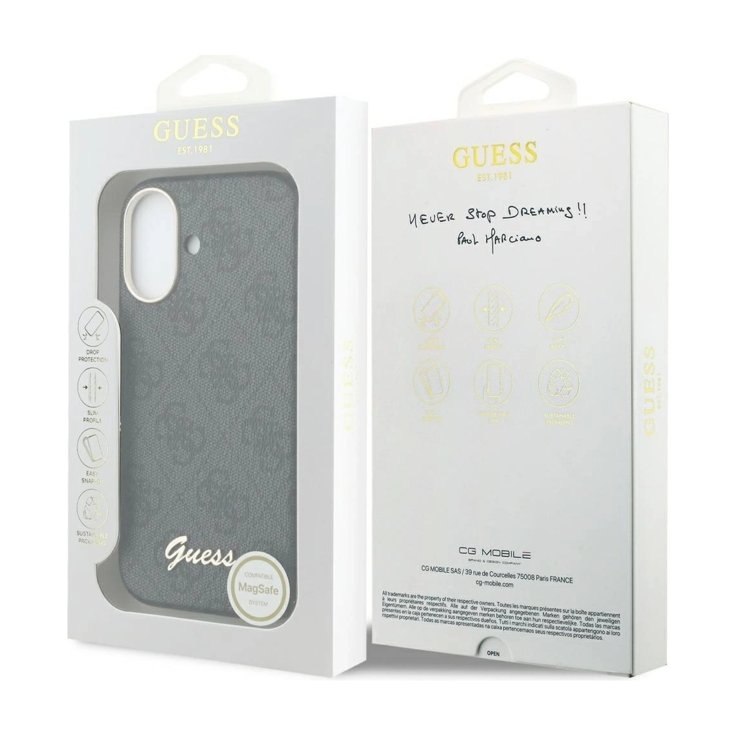 Pudełko etui Guess 4G Script do iPhone 17 z naklejką MagSafe i adresem producenta CG Mobile