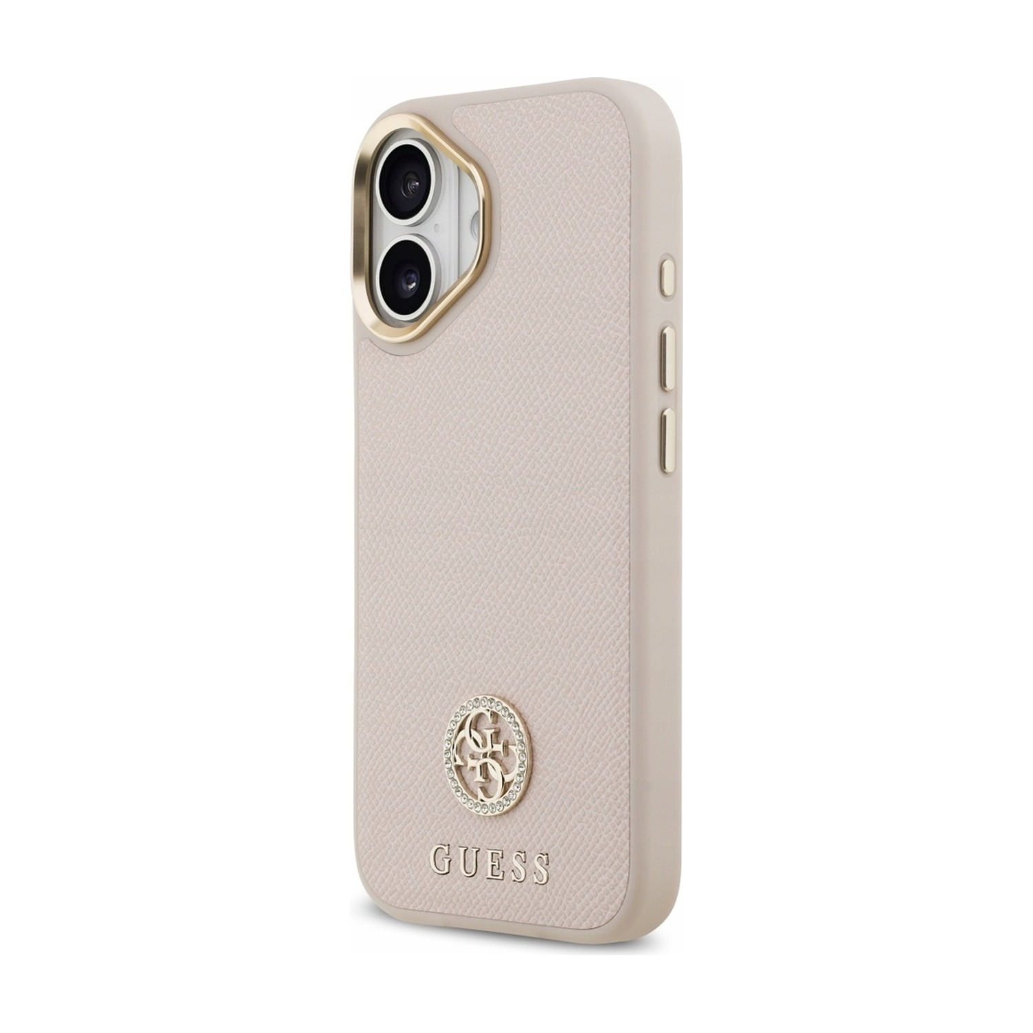 Etui Guess Grained Strass do iPhone 17 pod kątem — złota ramka wokół obiektywów i trzy złote przyciski na krawędzi