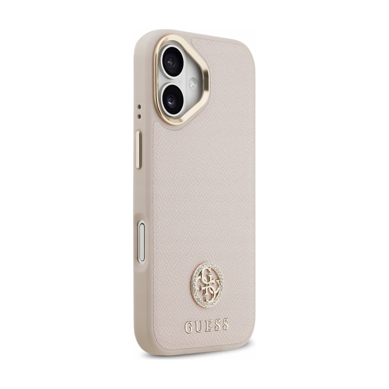 Krawędź etui Guess do iPhone 17 ze złotym przyciskiem bocznym i wycięciem na przycisk Sterowanie aparatem