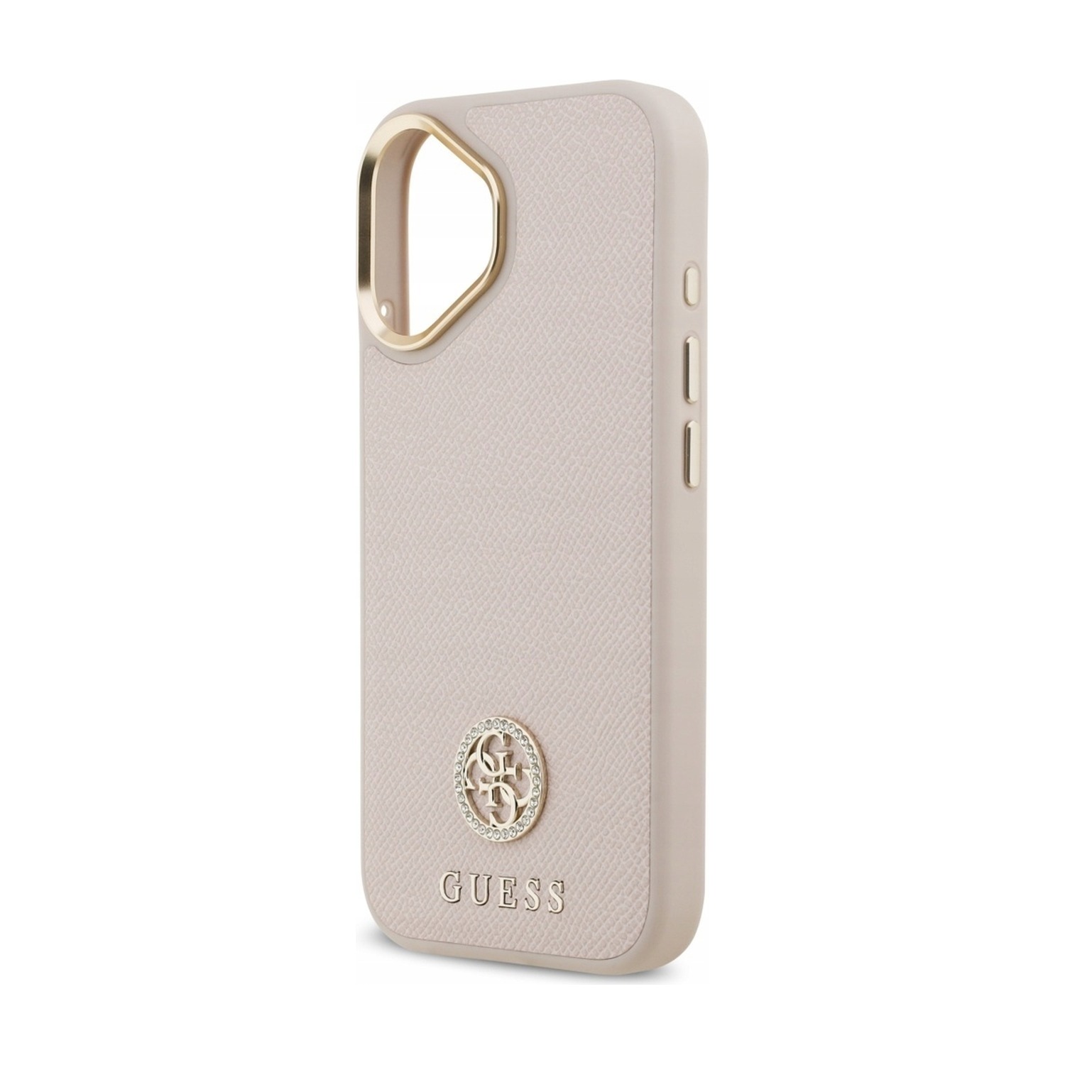 Puste etui Guess Grained Strass do iPhone 17 — złota ramka otworu na dwa aparaty i emblemat z kryształkami