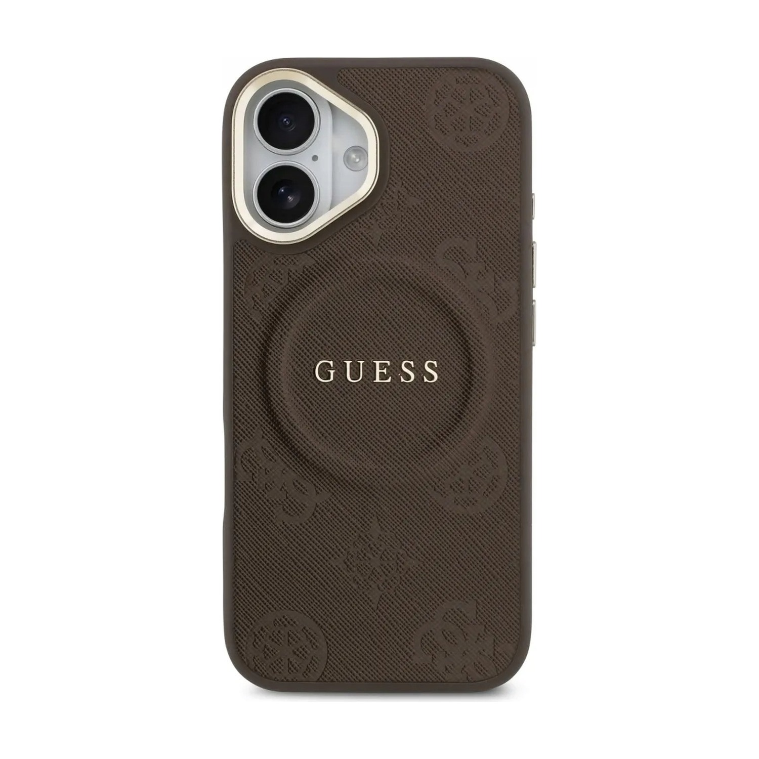 Etui MagSafe Guess Peony Hot Stamp do iPhone 17, brązowe — tył z wytłoczonym wzorem piwonii i złotym logo GUESS
