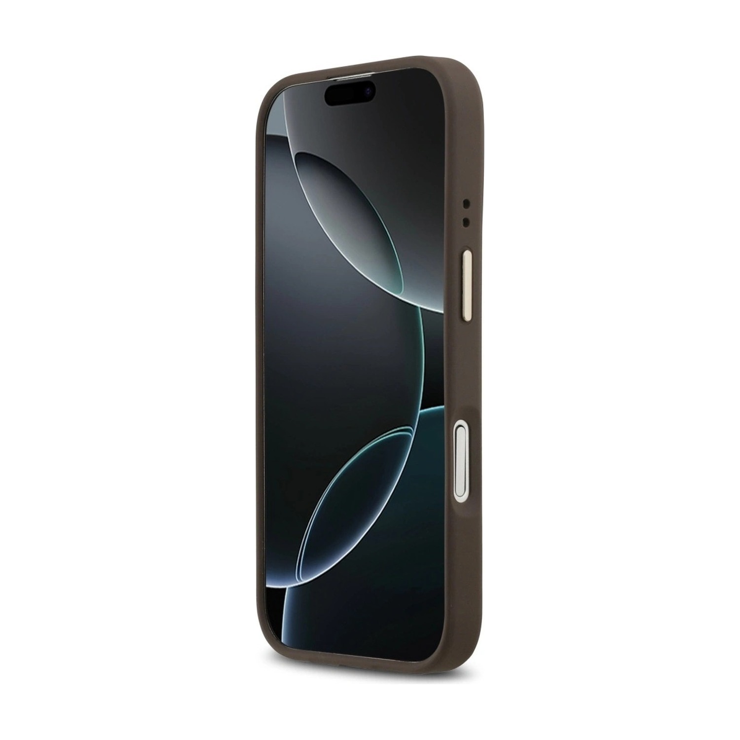 Etui Guess Peony Hot Stamp na iPhone 17 od frontu — brązowa ramka wokół ekranu i złote nakładki przycisków