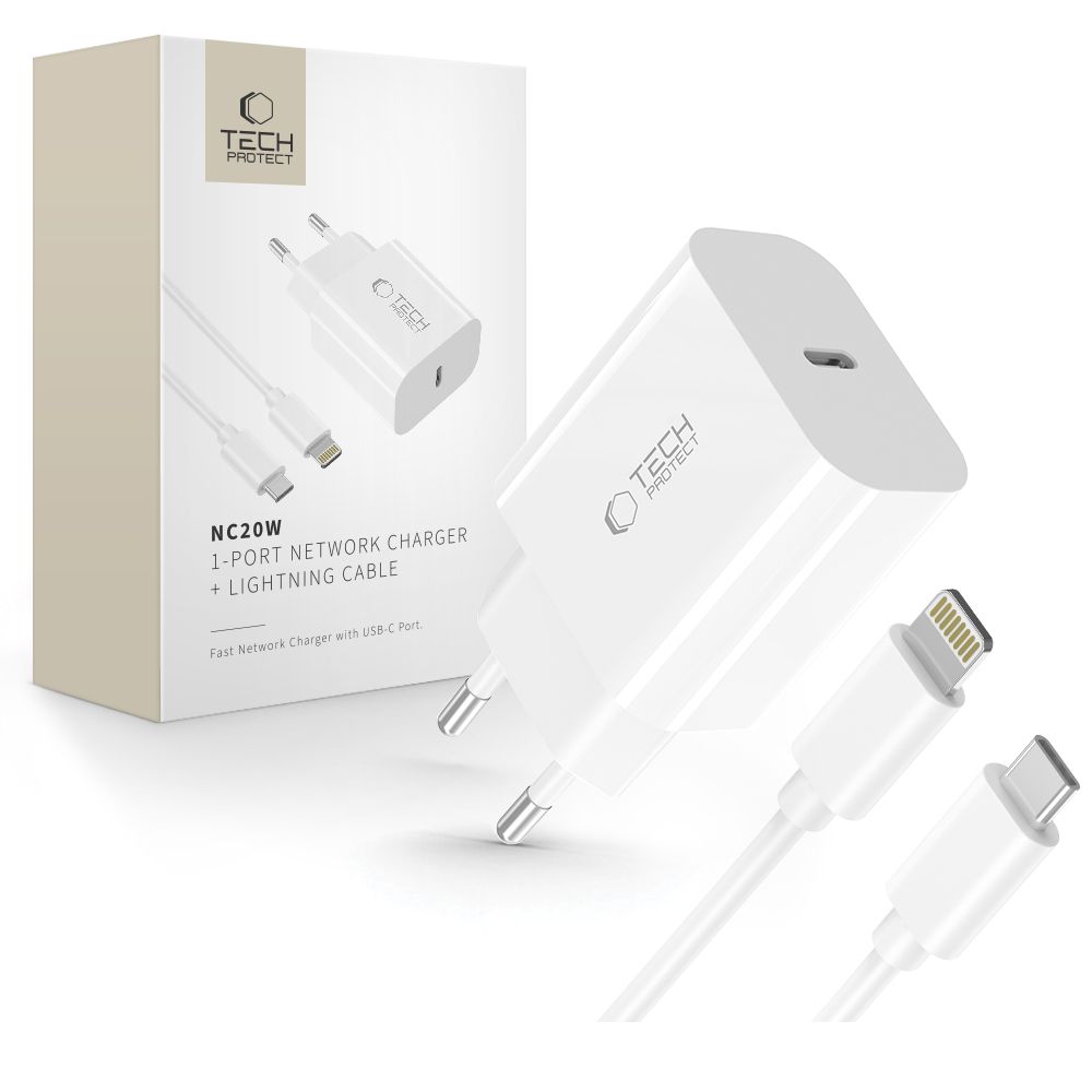 Ładowarka sieciowa USB-C 20 W z kablem Lightning Tech-Protect NC20W, biała