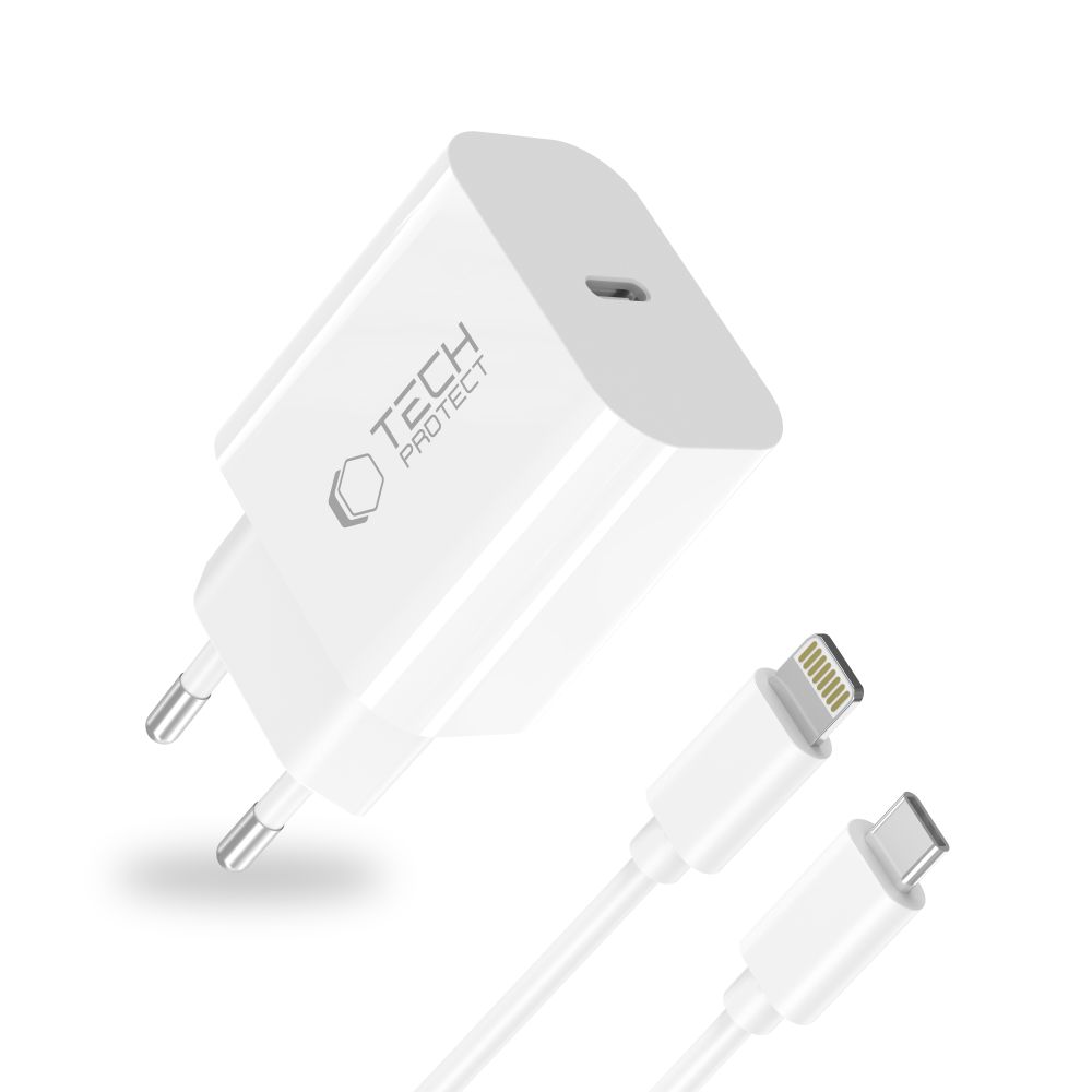 Ładowarka sieciowa USB-C 20 W z kablem Lightning Tech-Protect NC20W, biała