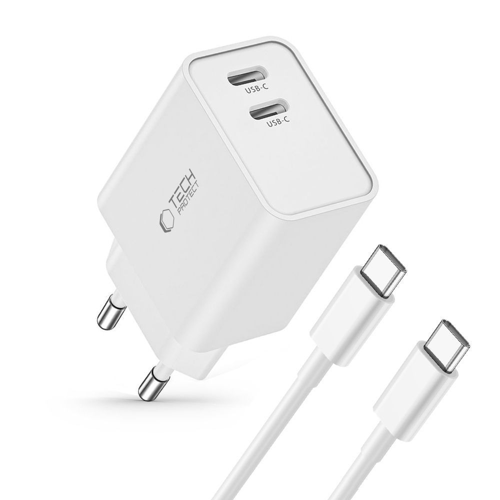 Ładowarka sieciowa 2 porty 35 W z kablem USB-C Tech-Protect C35W, biała