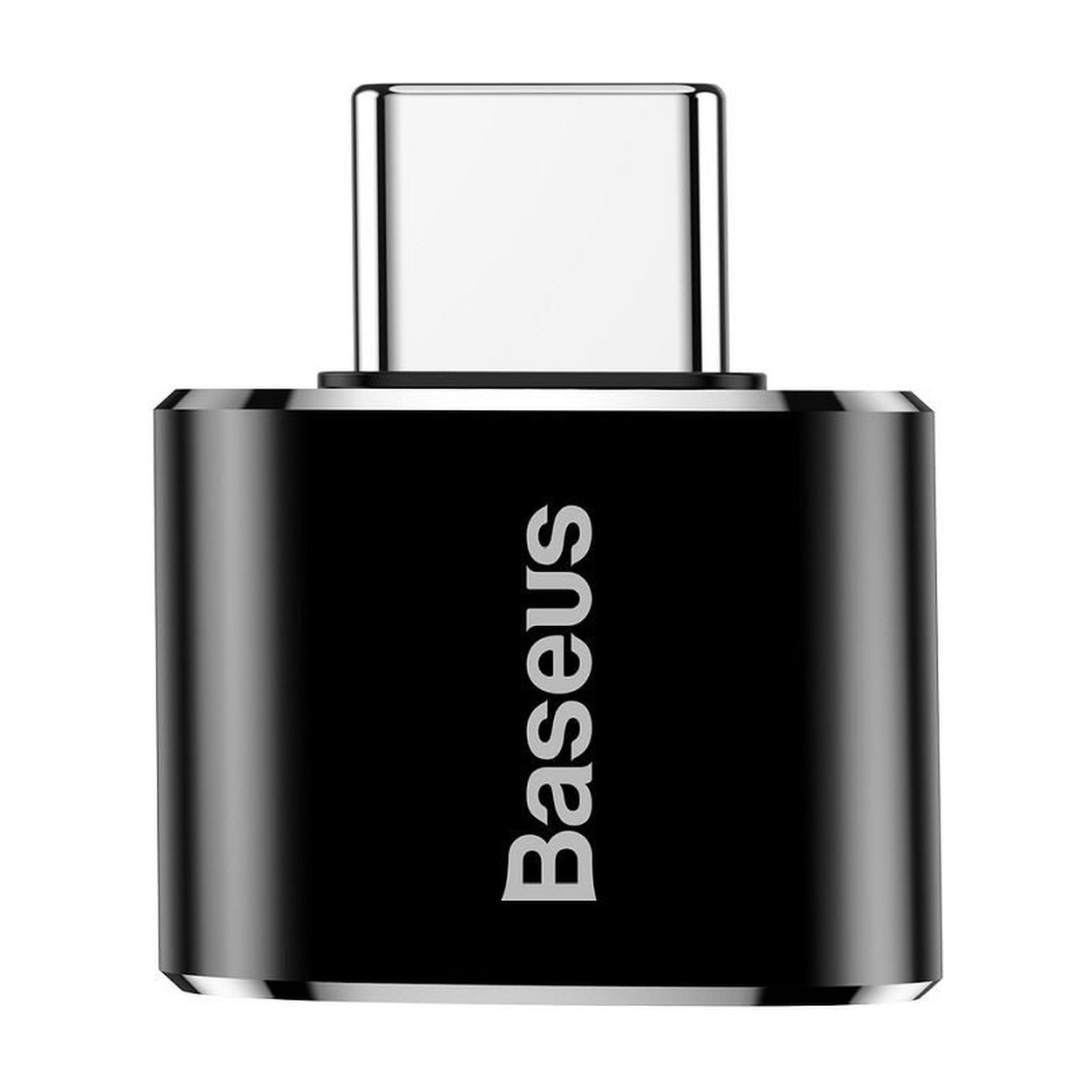 Adapter Baseus — wtyk USB-C i czarna aluminiowa obudowa, pionowo