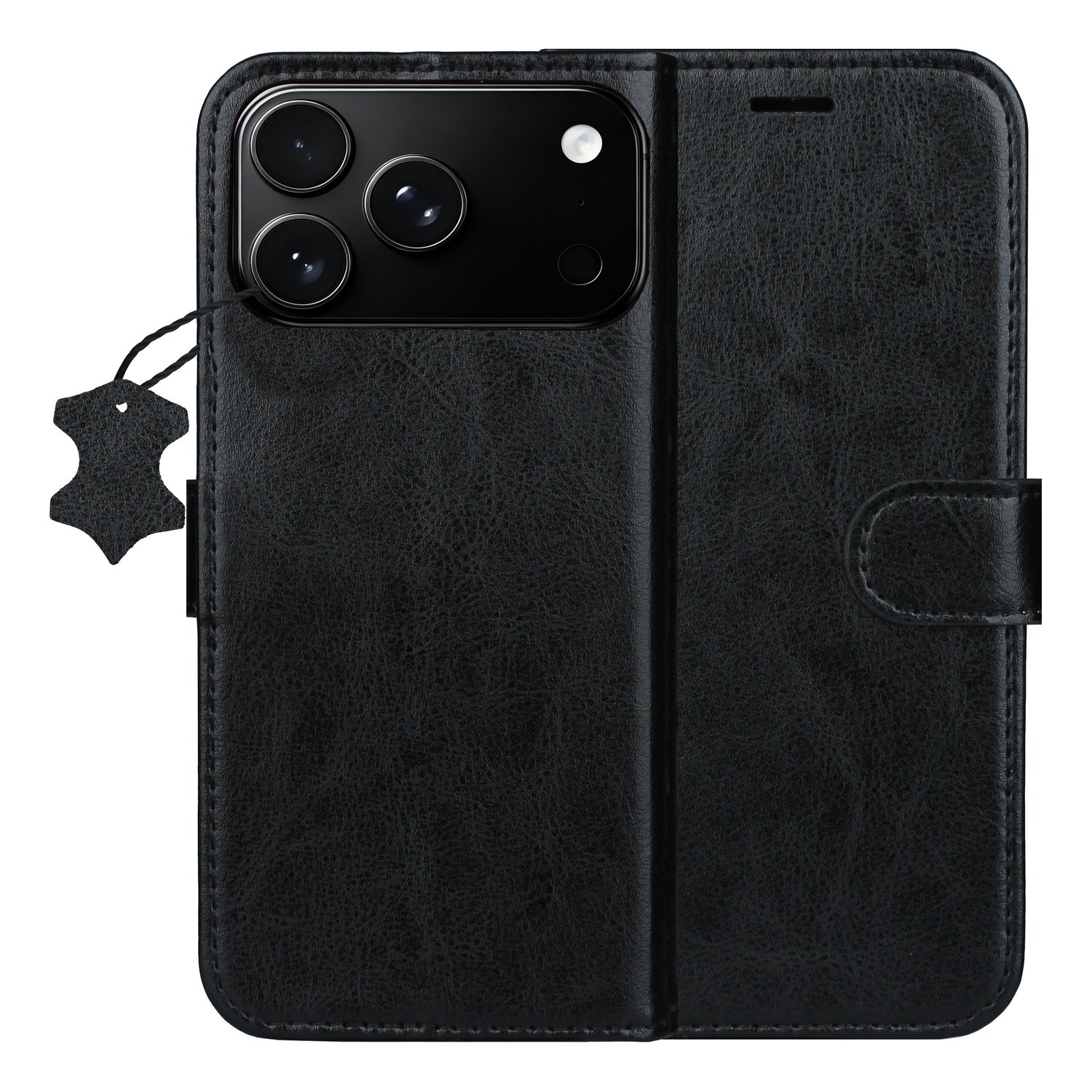 Etui z klapką TelForceOne Smart Luxe, czarne — tył z wyspą aparatów iPhone 17 Pro i okładka (render producenta)