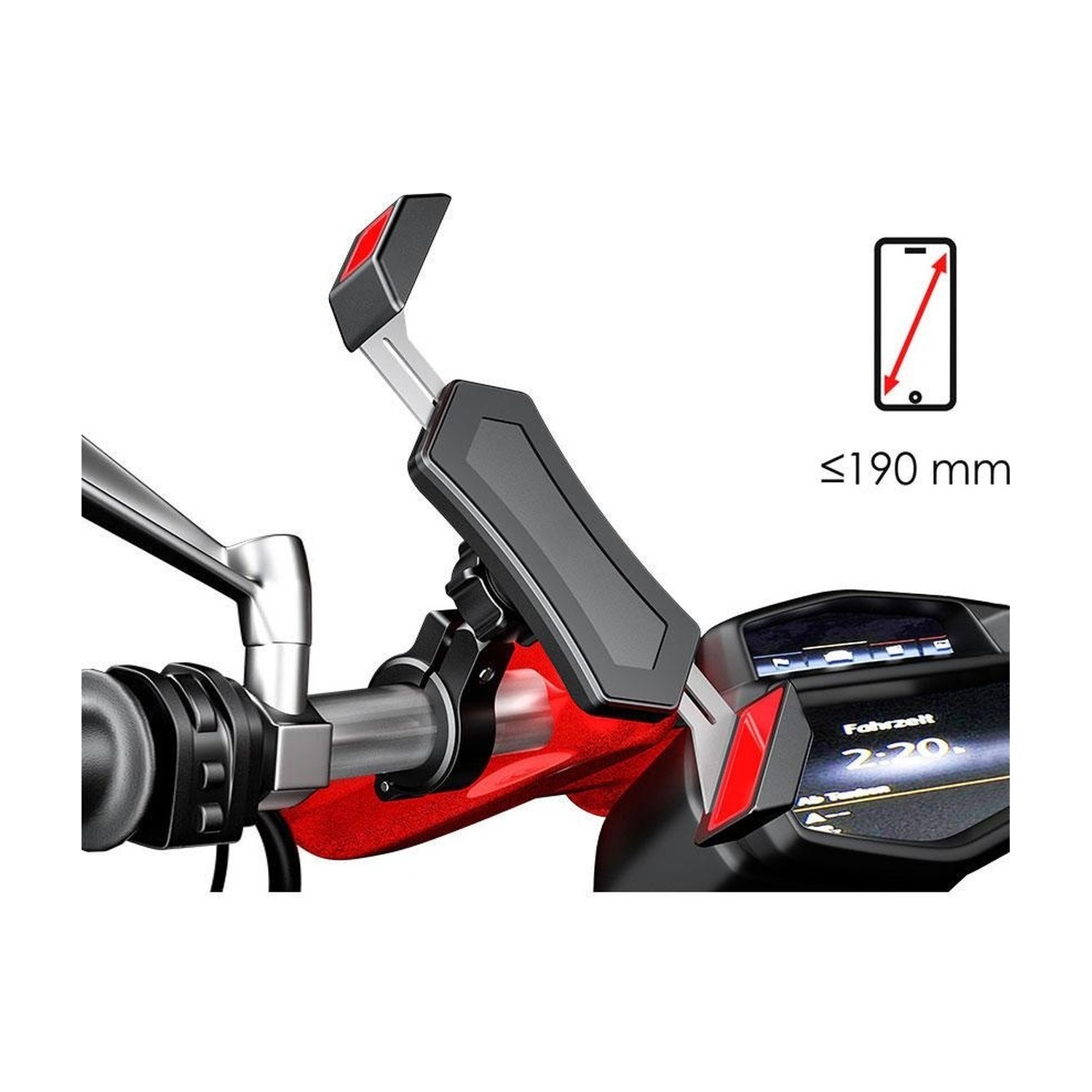 R16-metal na kierownicy motocykla obok kokpitu — piktogram telefonu do 190 mm przekątnej