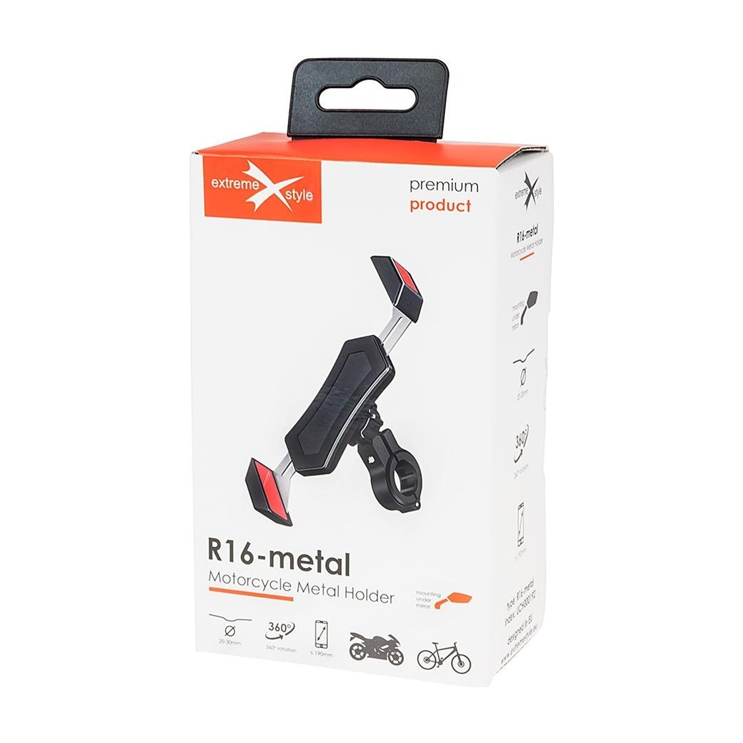 Opakowanie eXtremestyle R16-metal z piktogramami: obejma 20–30 mm, obrót 360°, motocykl i rower