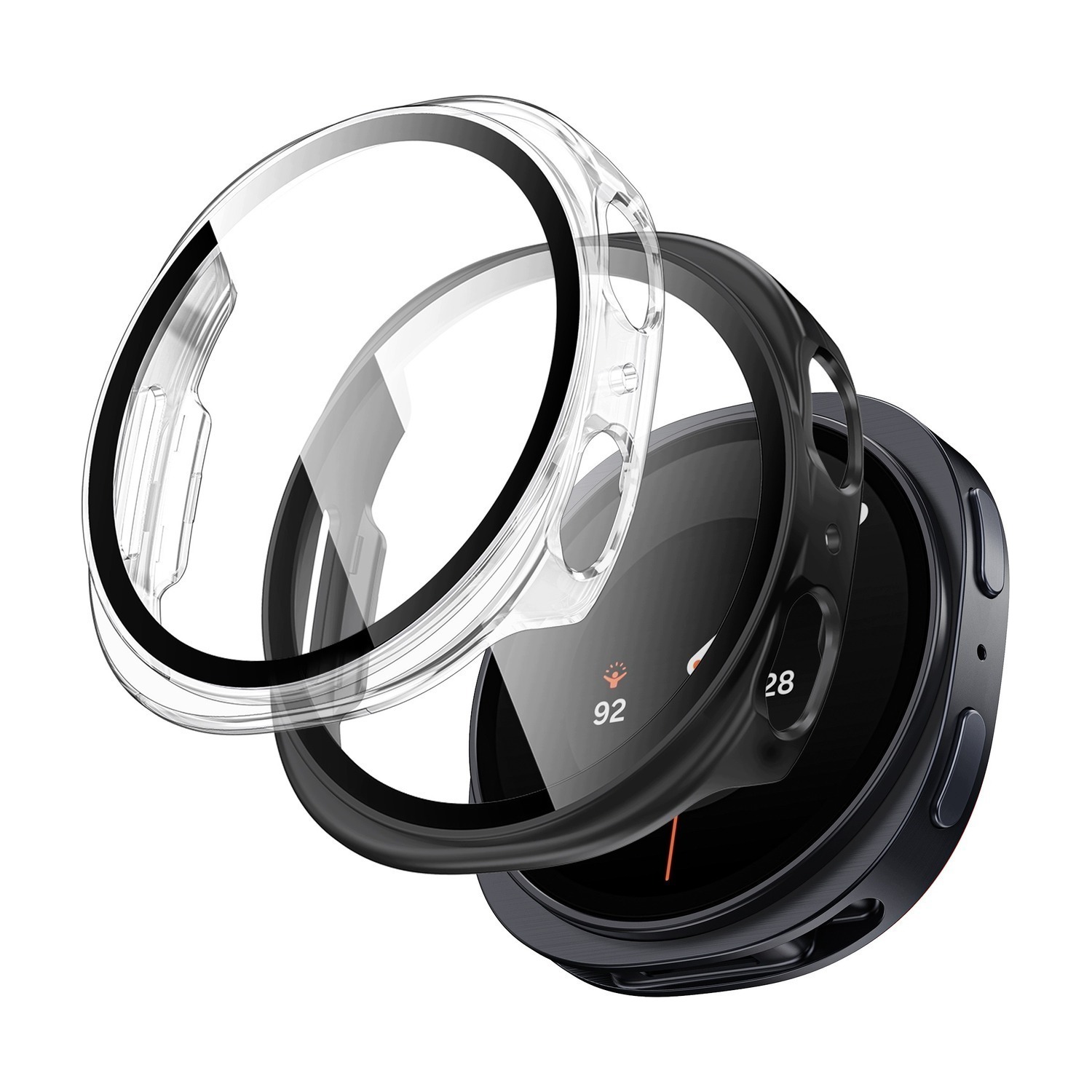 Dwa etui Tech-Protect Defense do Galaxy Watch 8 / 9 40 mm – czarne i przezroczyste obok zegarka, widok 3/4