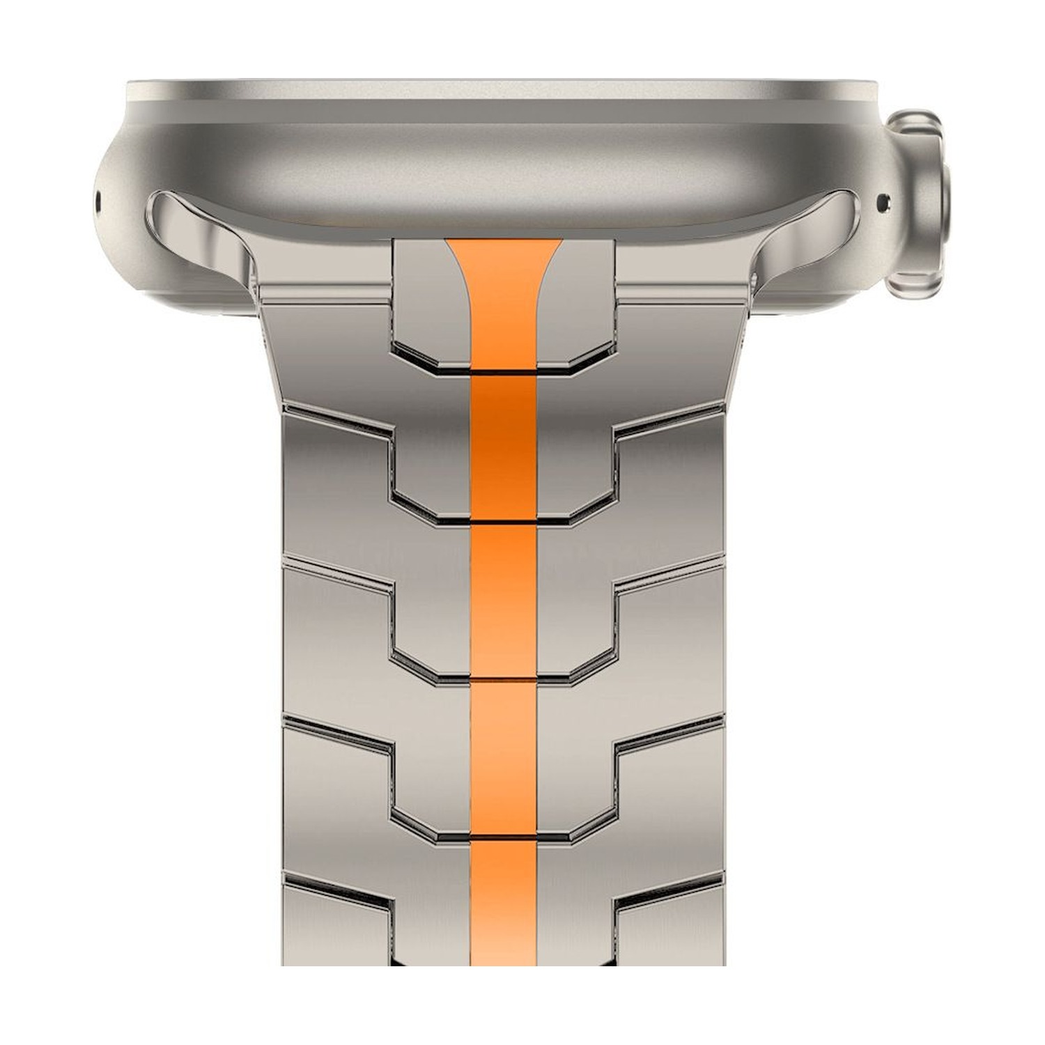 Zbliżenie ogniw bransolety Stainless Line – pomarańczowy pas pośrodku