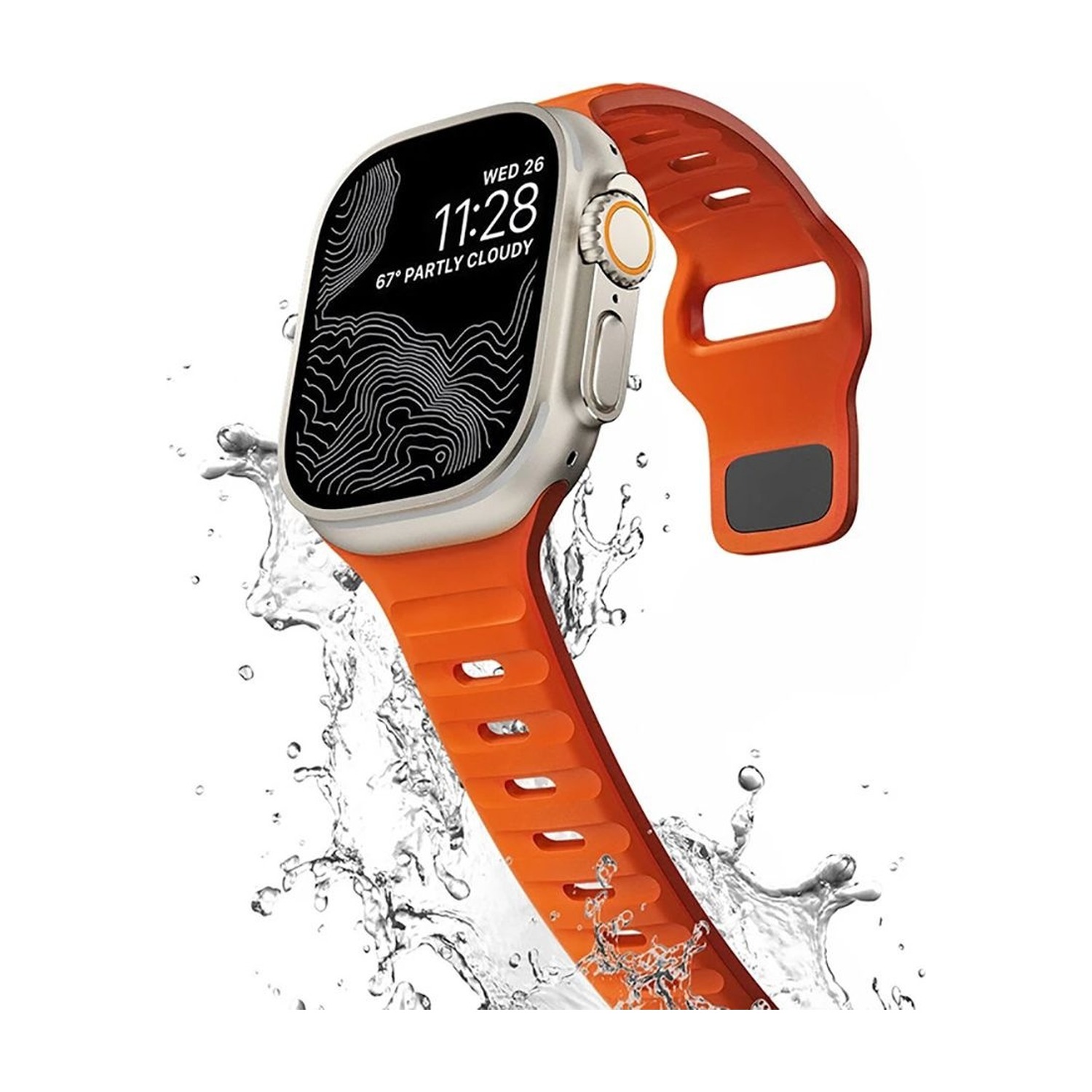 Grafika producenta: pomarańczowy pasek Iconband Line na Apple Watch Ultra z efektem rozprysku wody