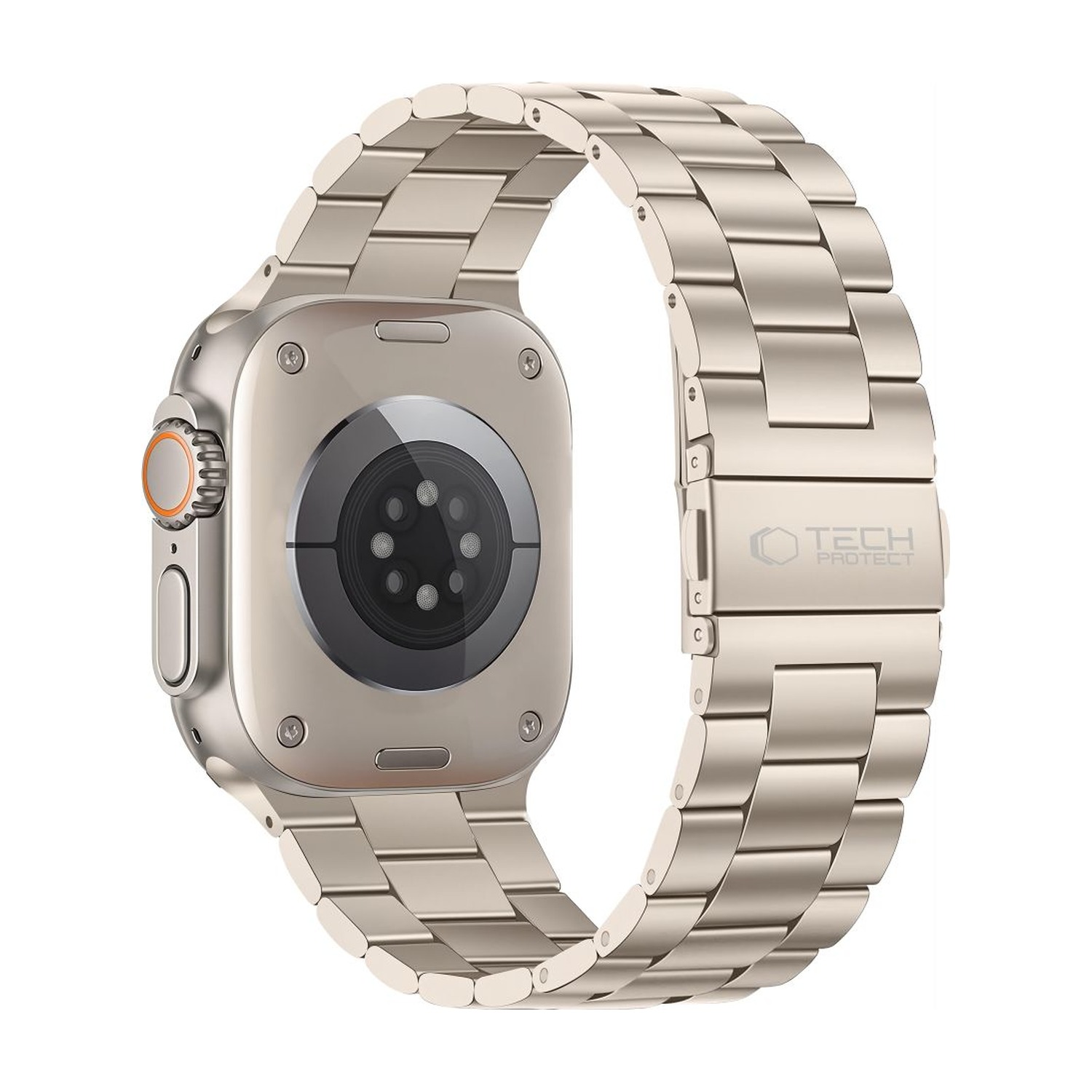 Tył Apple Watch Ultra i bransoleta Stainless Starlight ze składanym zapięciem
