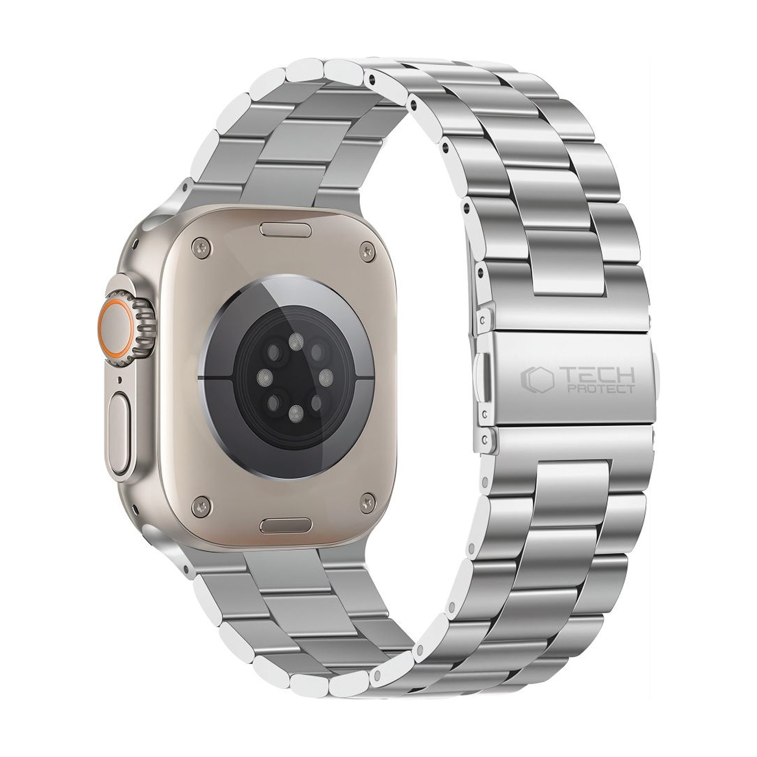 Tył Apple Watch Ultra i srebrna bransoleta Stainless ze składanym zapięciem