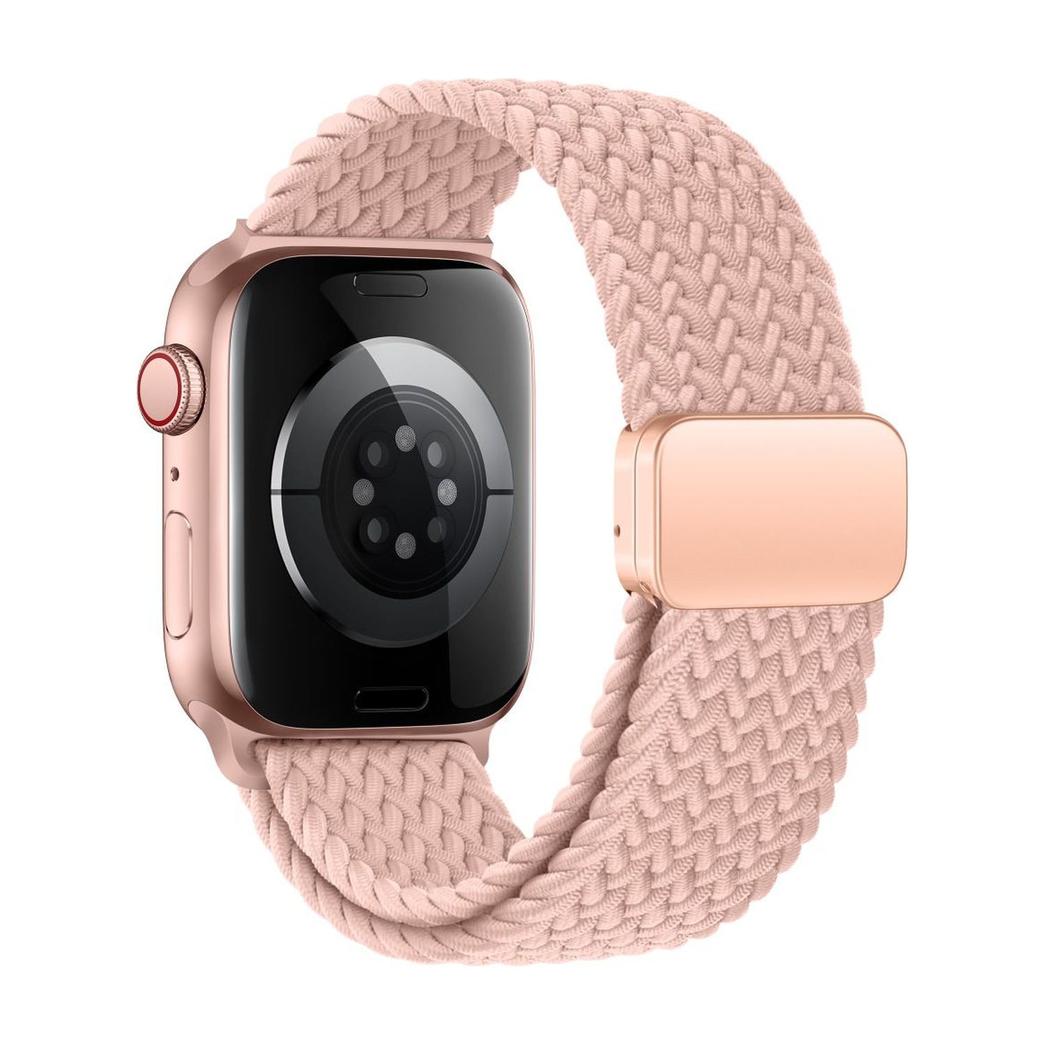Tył Apple Watch z paskiem NylonMag różowym (Dusty Rose) – metalowe zapięcie magnetyczne