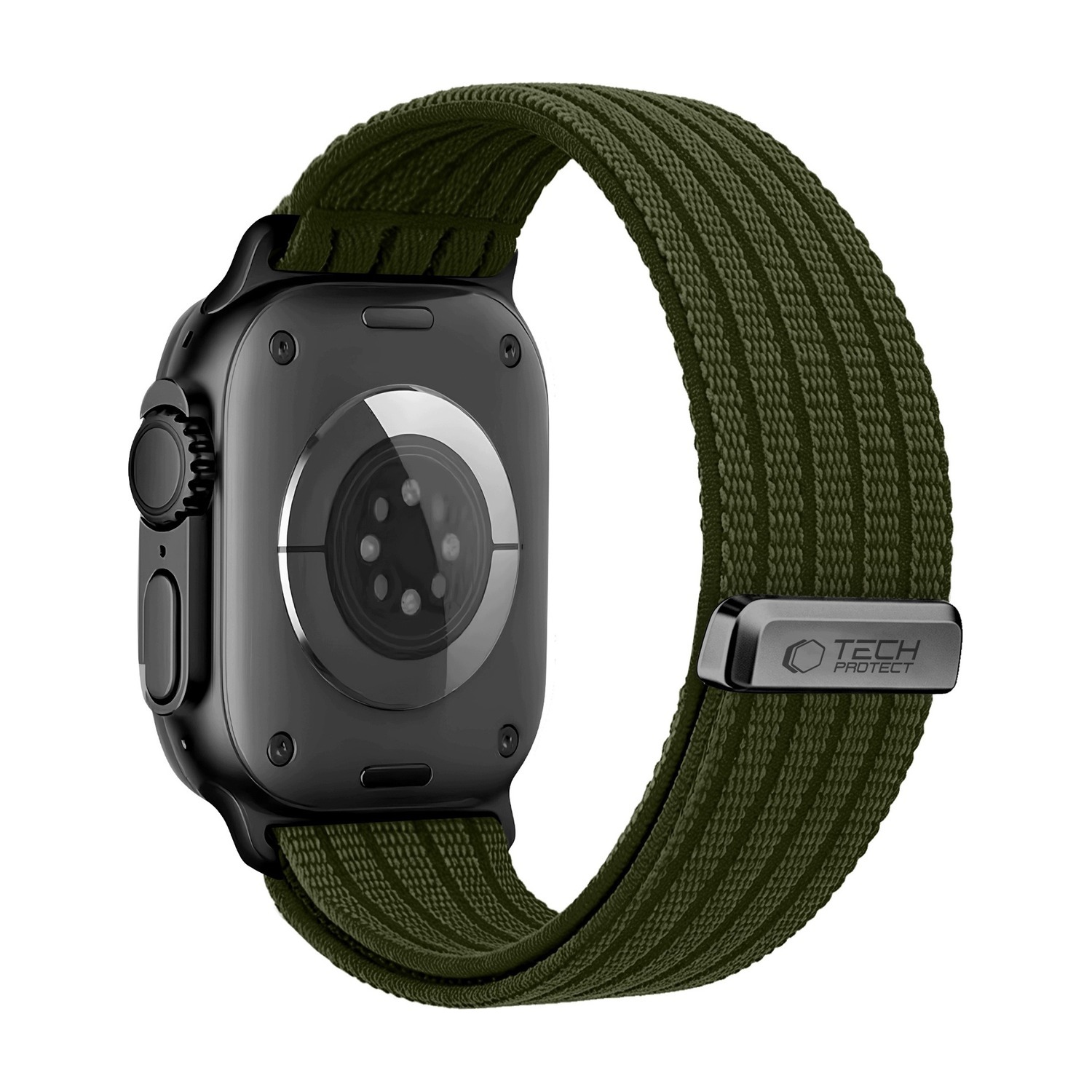 Tył Apple Watch Ultra z zielonym (Military Green) paskiem Nylon Sport – metalowa klamra z logo Tech-Protect